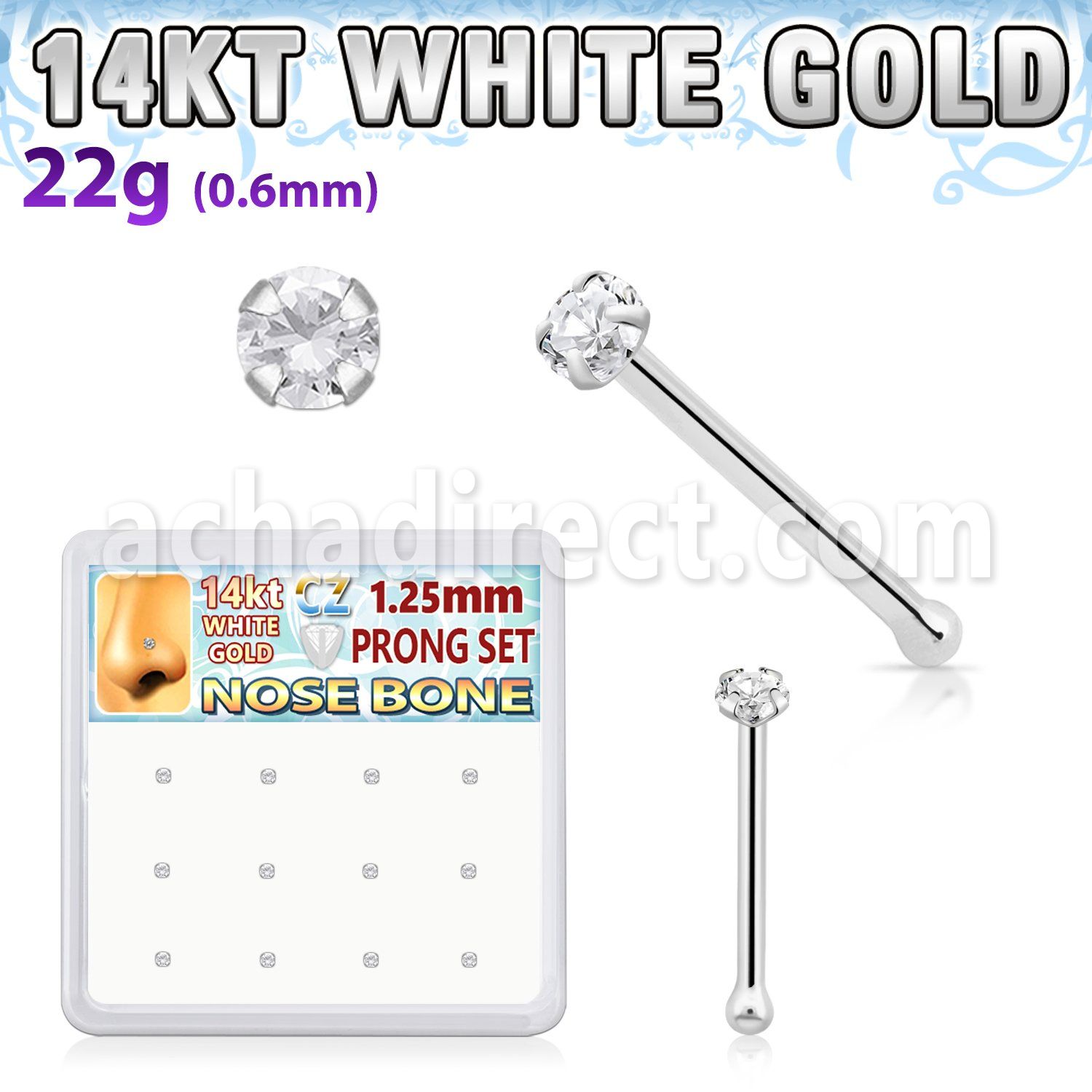 dwnb22 box w 14kt white gold nose bones w 1.2mm clear round cz 