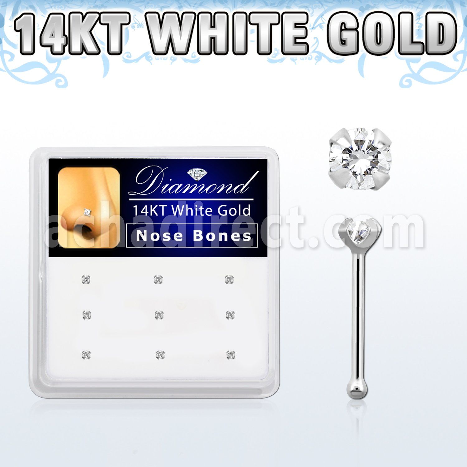 dwnb6 box of 14kt white gold nose bones w prong set diamonds