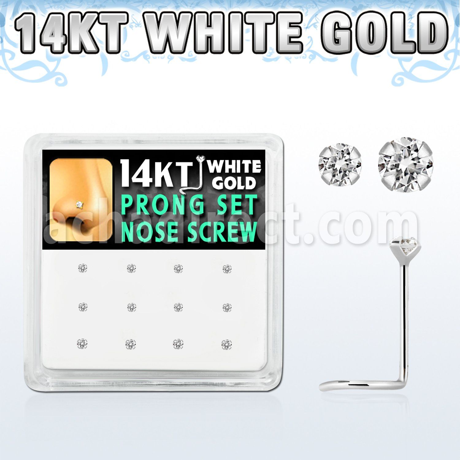 dwsc11 box w 12 pcs of 14kt white gold nose screw w 1.52 mm cz