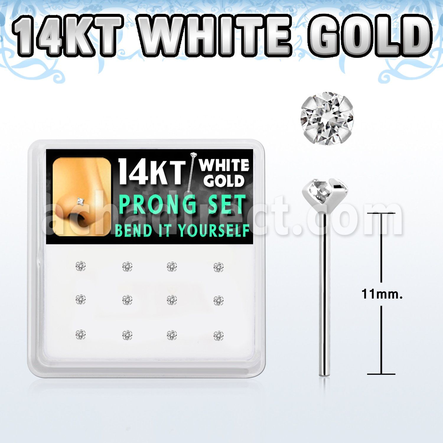 dwys1 box w 14kt white gold bend it nose studs w 2mm czs