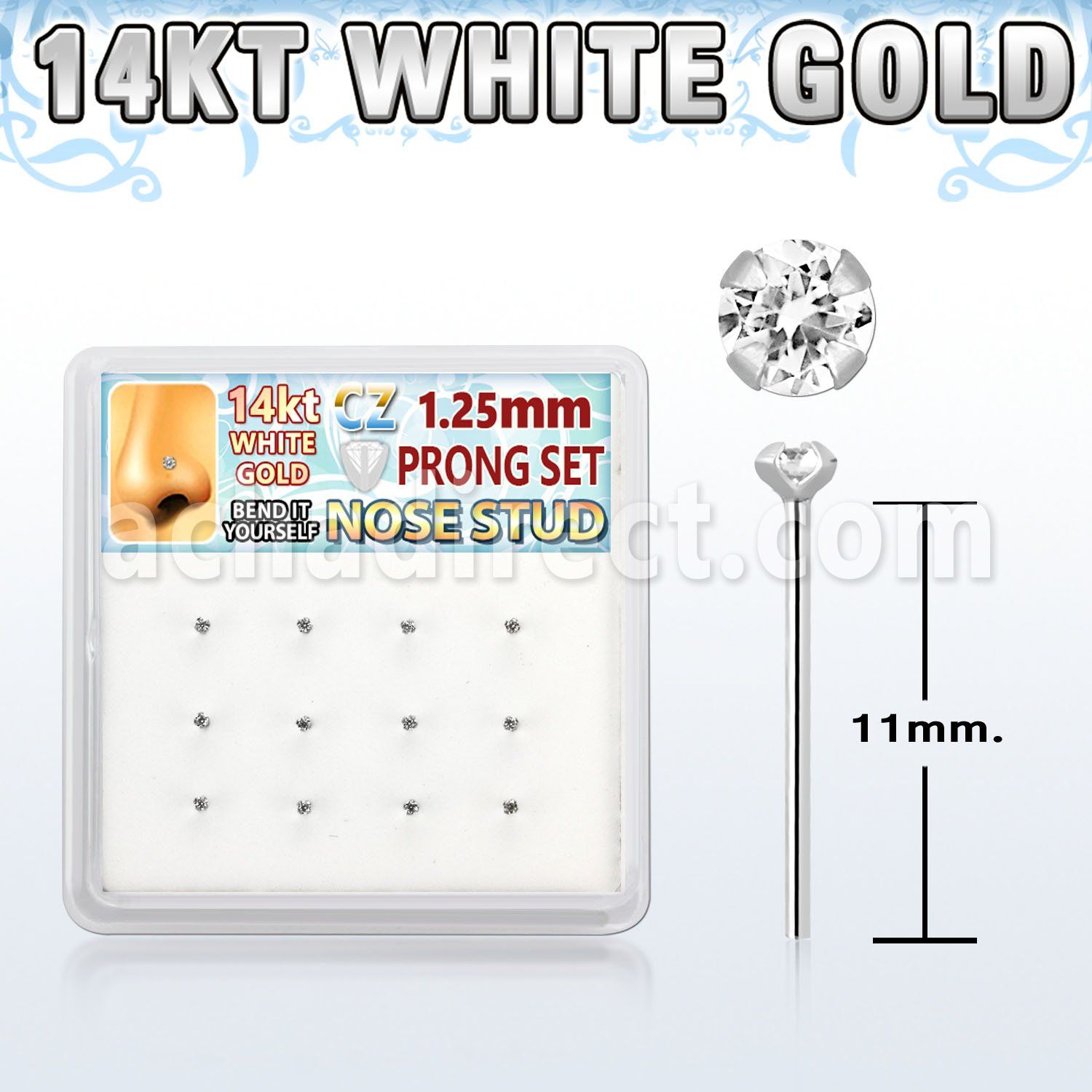 dwys22 box w 14kt white gold bend it nose stud 1.2mm clear cz 