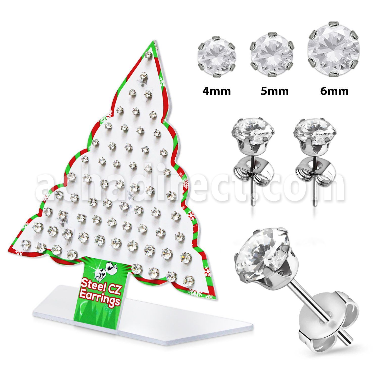 dxmas3 xmas tree display of 316l steel ear studs with round cz