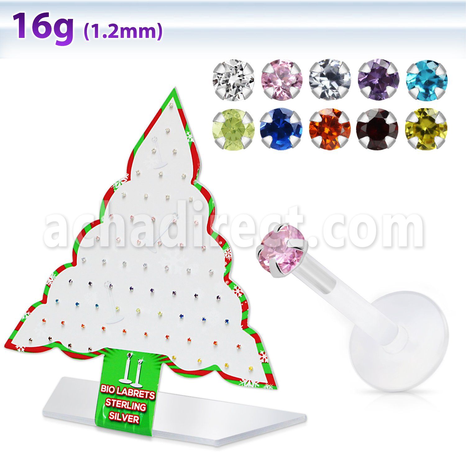 dxmas6 xmas tree display of bioflex labret with w prong set cz