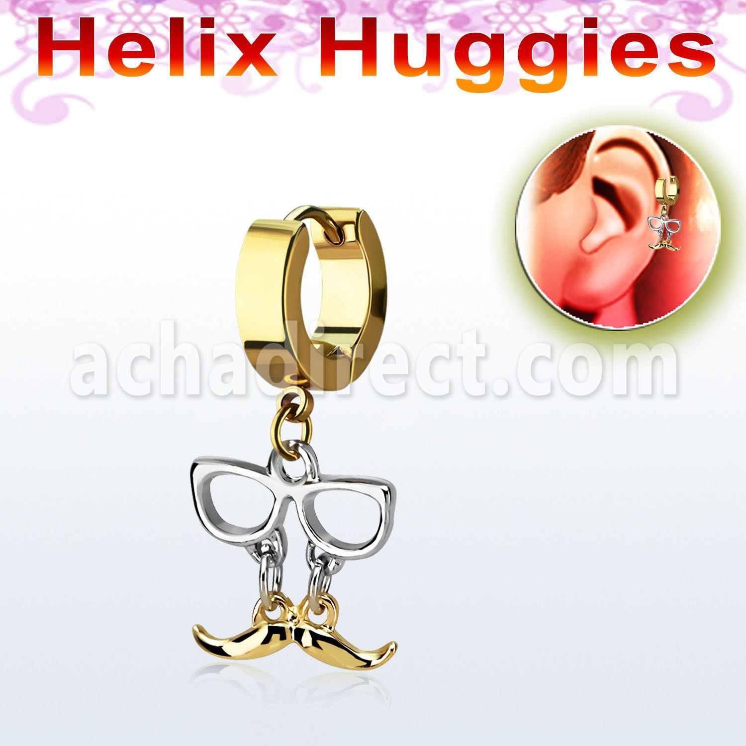 ehg507 gold steel helix huggie w dangling gold mustache w