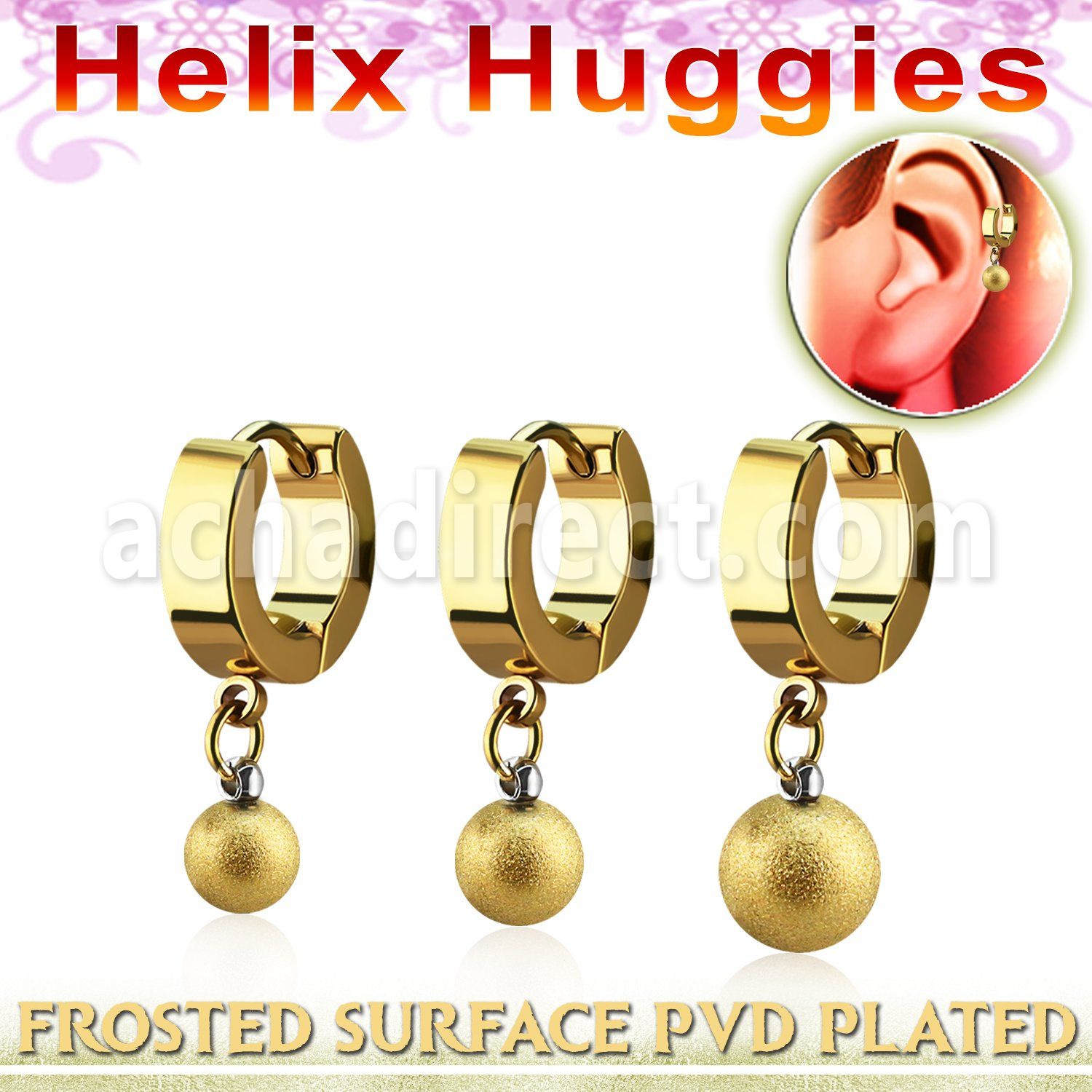 ehgfot gold steel helix huggie with dangling frosted steel ball