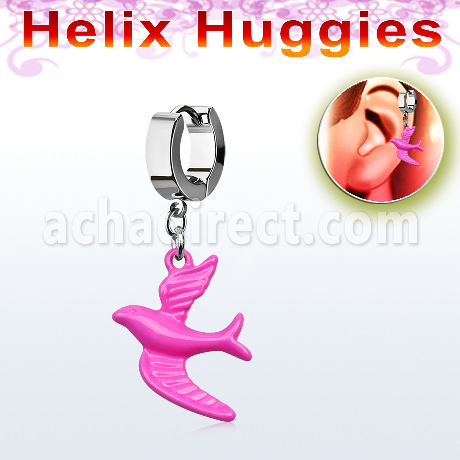 ehh454 steel helix huggie w pink color painted bird 