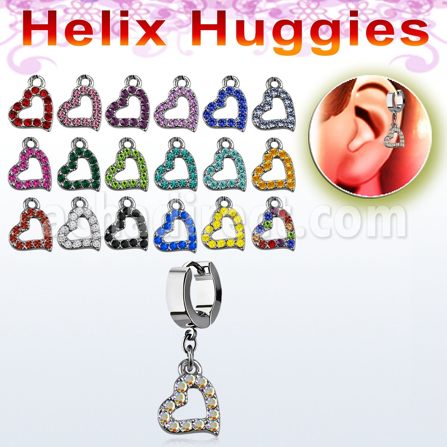 ehh542 helix huggie w heart shaped crystal studded dangling