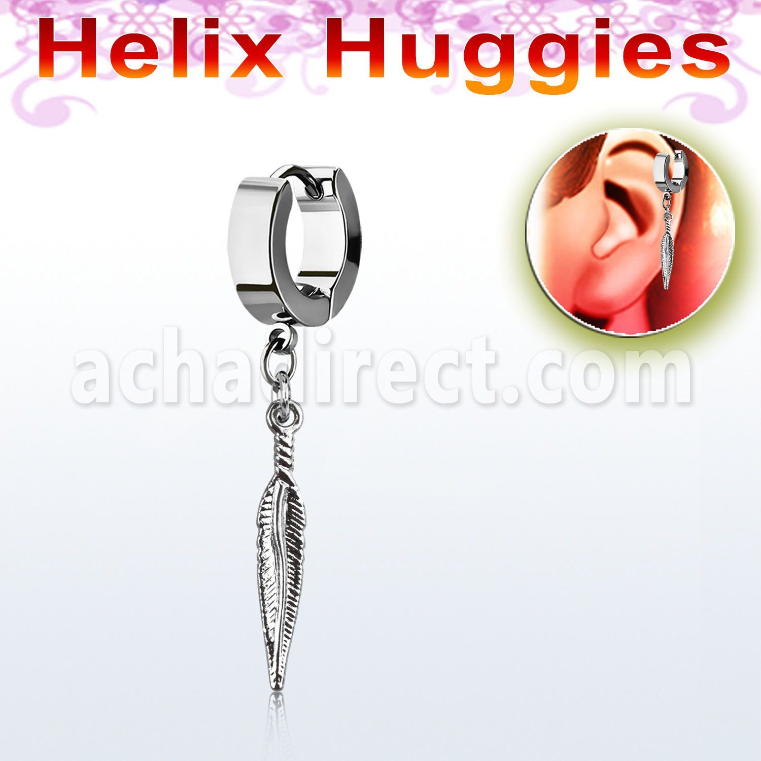 ehh583 helix huggie w a dangling small feather