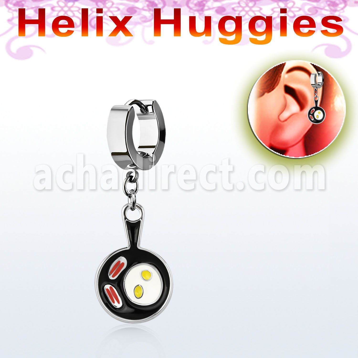 ehh646 helix huggie w a dangling bacon and eggs in a black pan