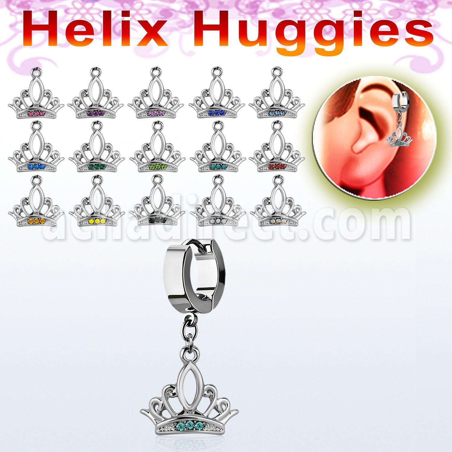 ehh649 helix huggie w a dangling crystal studded crown