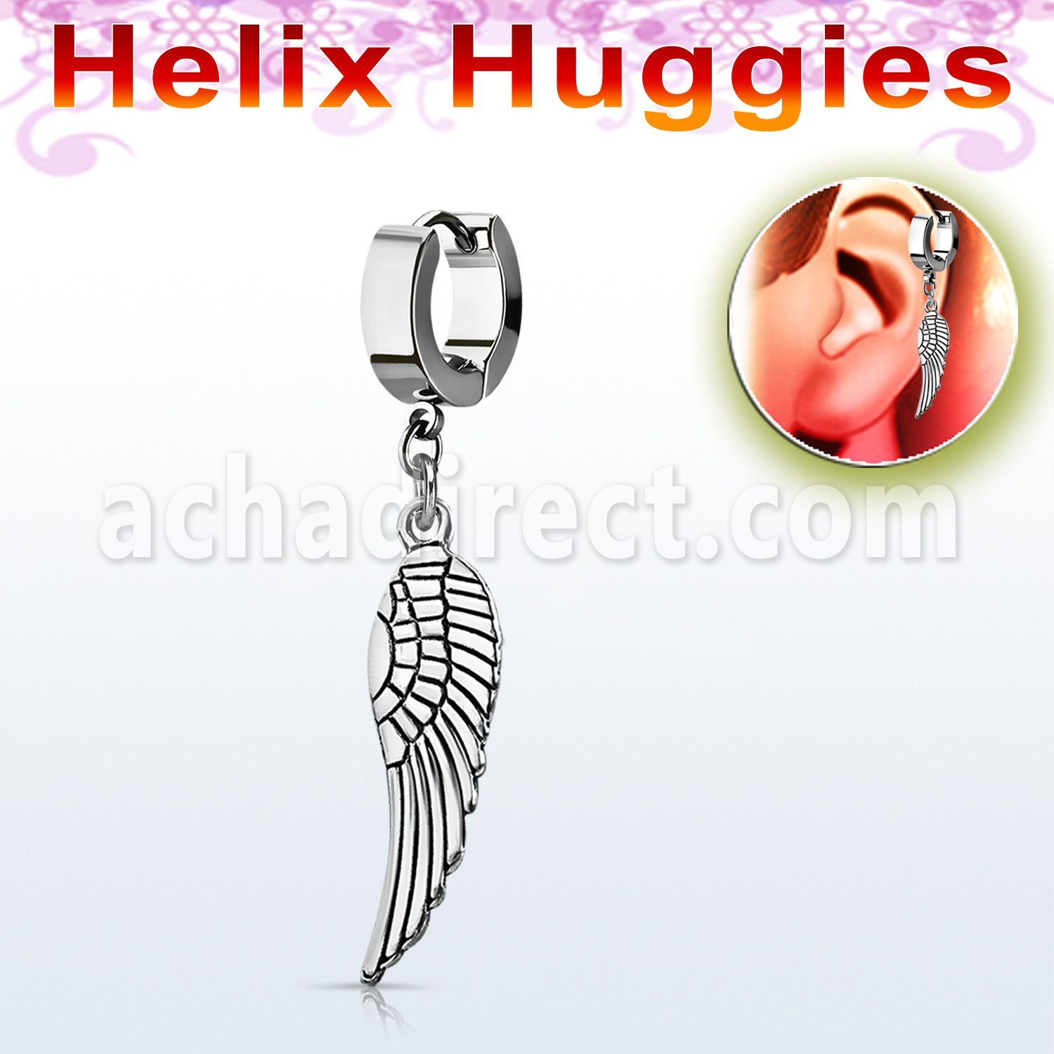 ehh653 stainless steel huggie w a dangling plain bird wing