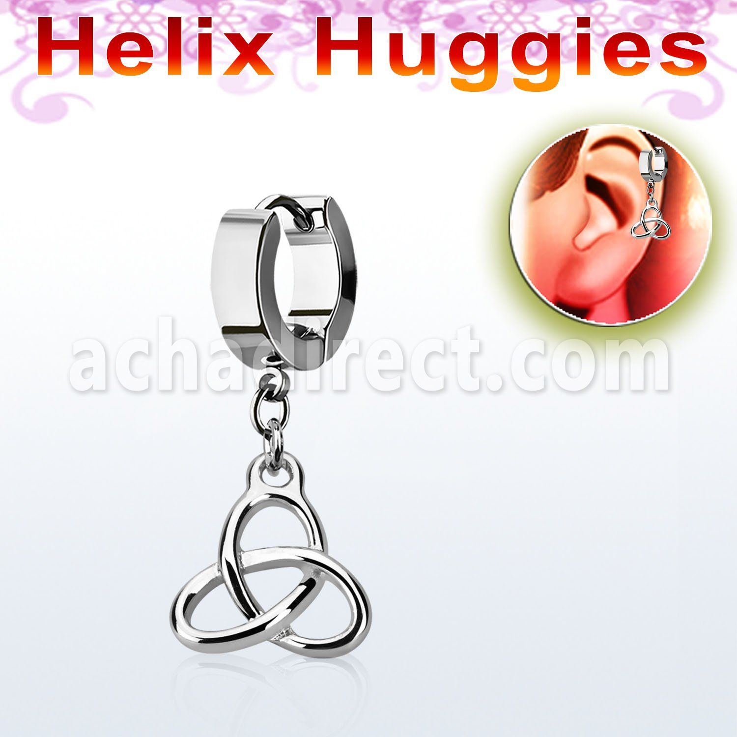 ehh736 helix huggie w a dangling plain celtic trinity knot