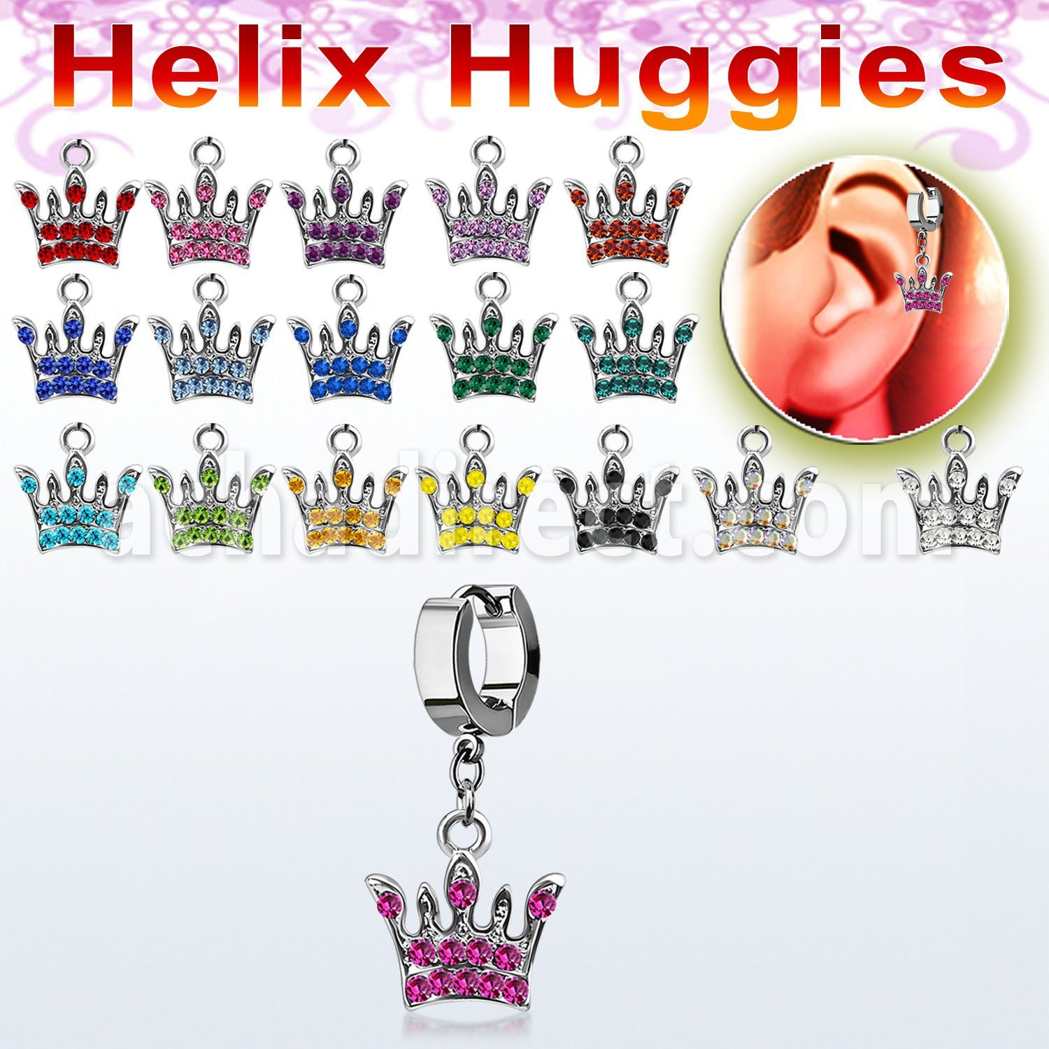 ehhcr4 helix huggie w a dangling crown design with crystals