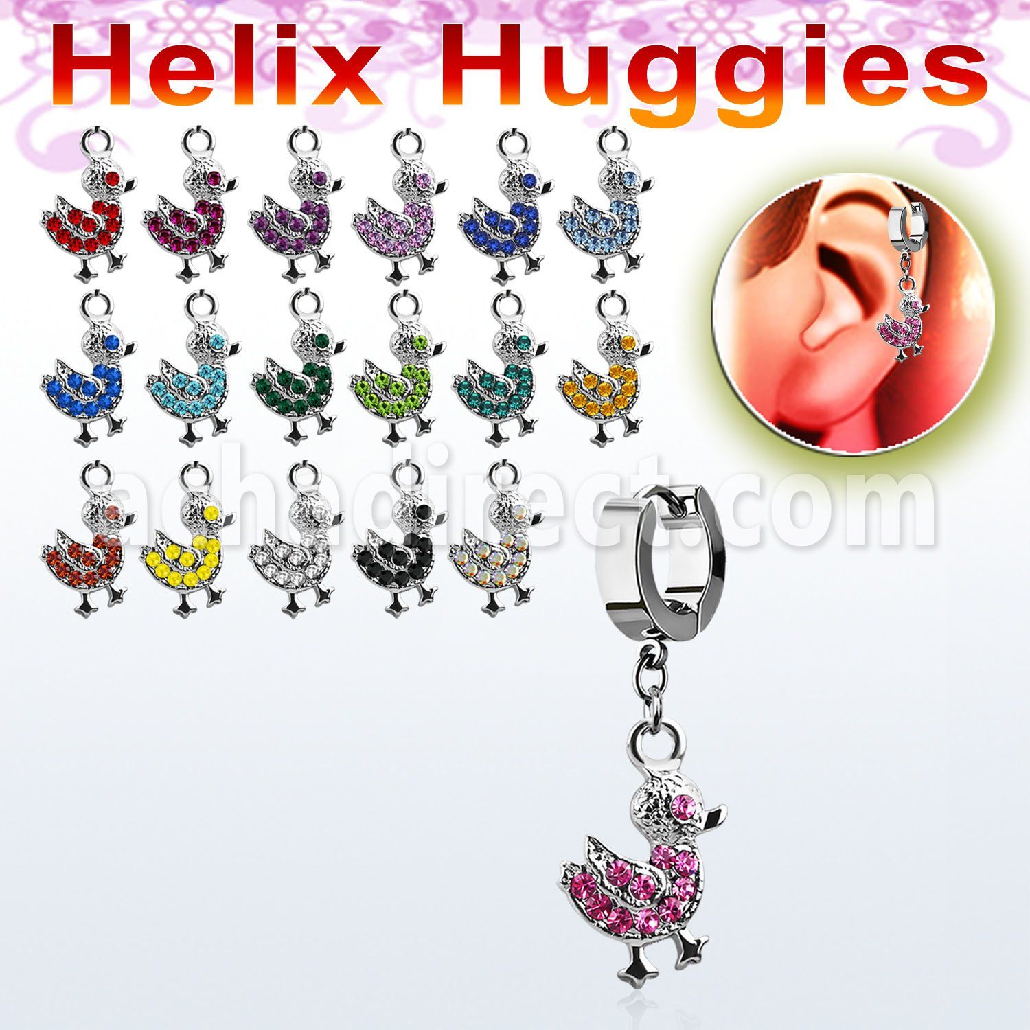 ehhdk2 helix huggie w a dangling crystal duck