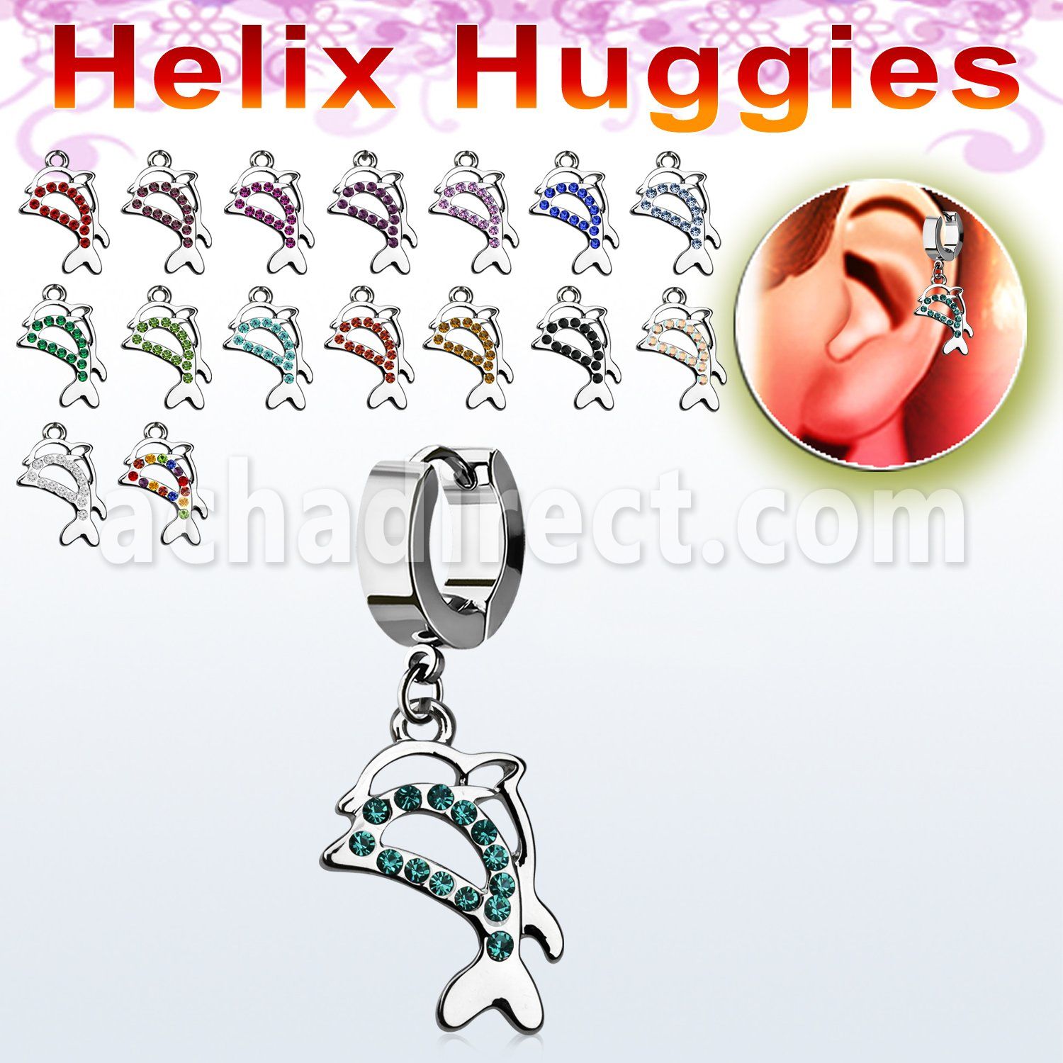 ehhdp17 steel helix huggie w crystal studded twin dolphin 