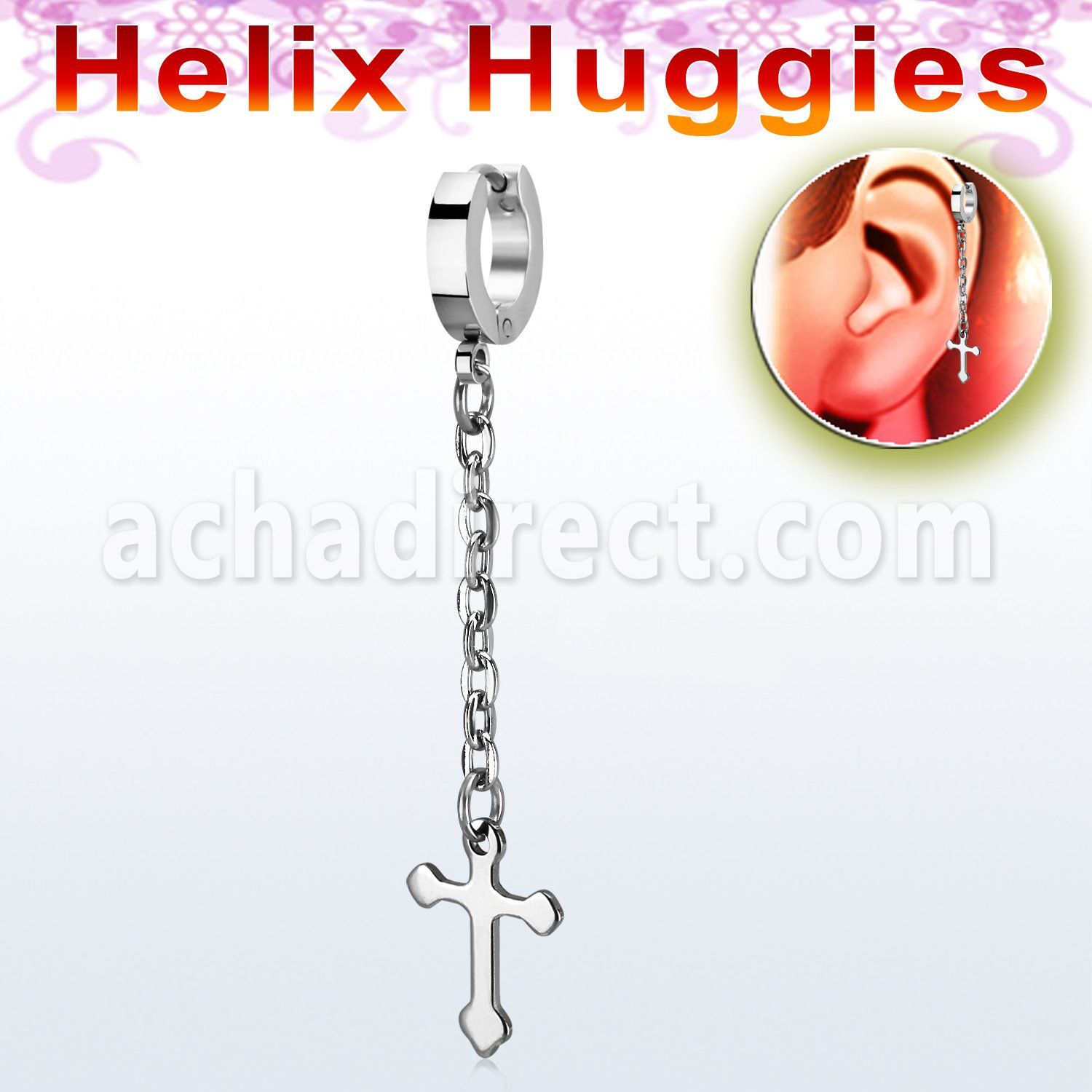 ehhlcros steel helix huggie w cross dangling on a long chain