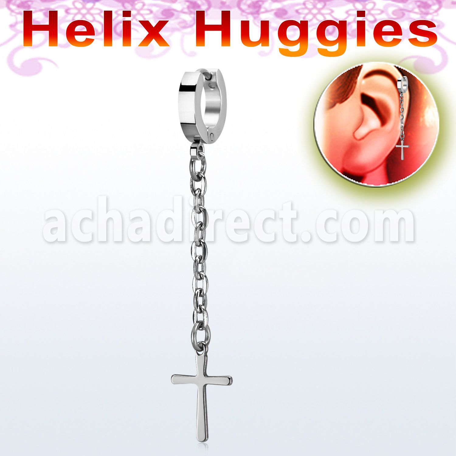 ehhlcrs steel helix huggie earring w a cross dangling on chain