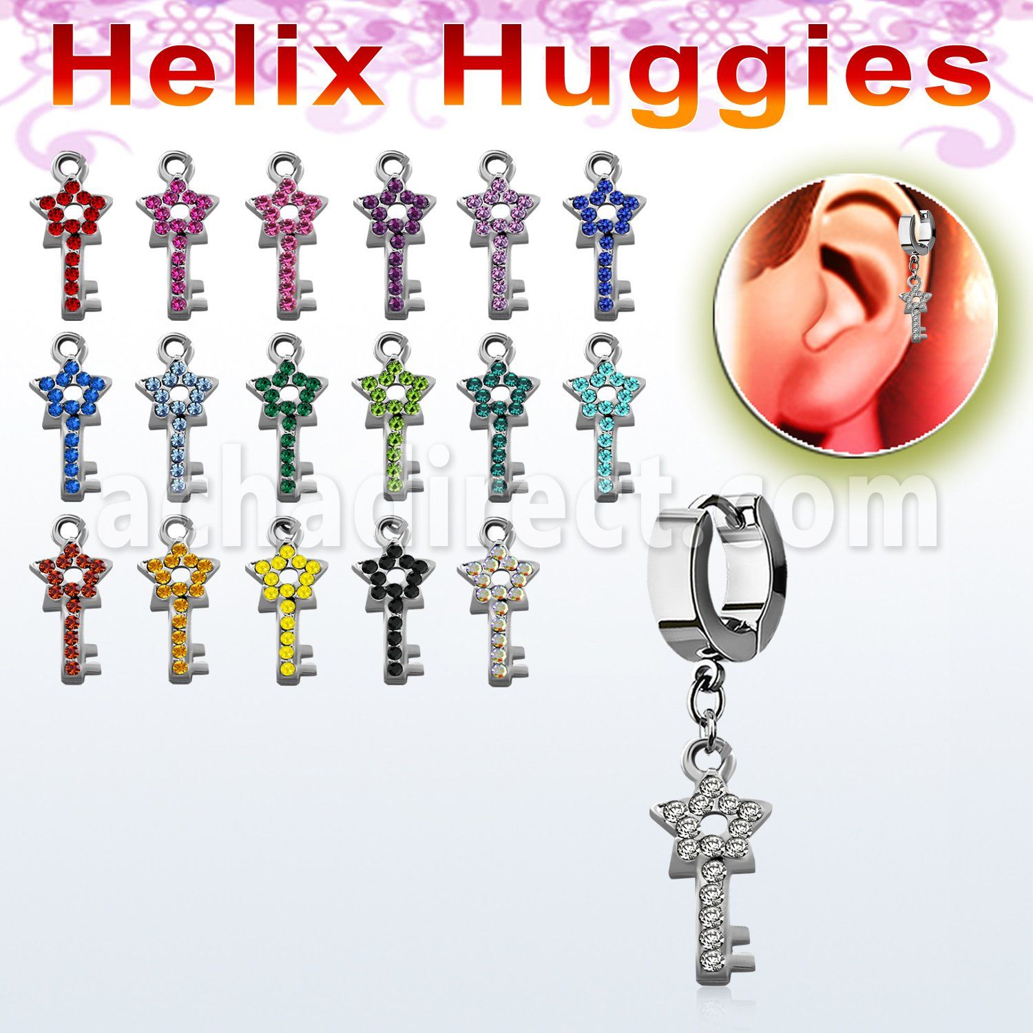 ehhstky helix huggie w a dangling star key design with crystals 