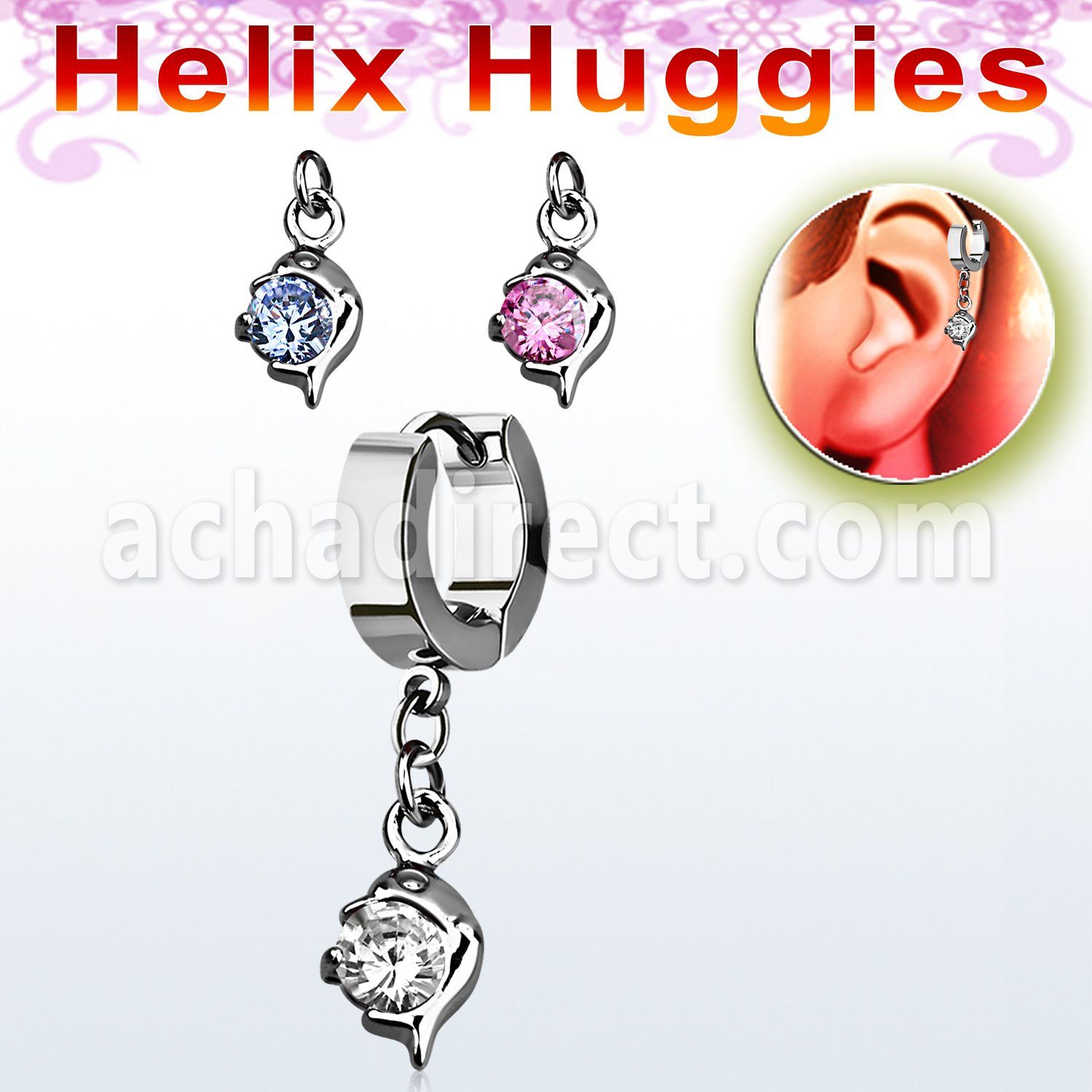 ehhz10 helix huggie w a dangling small dolphin design w cz