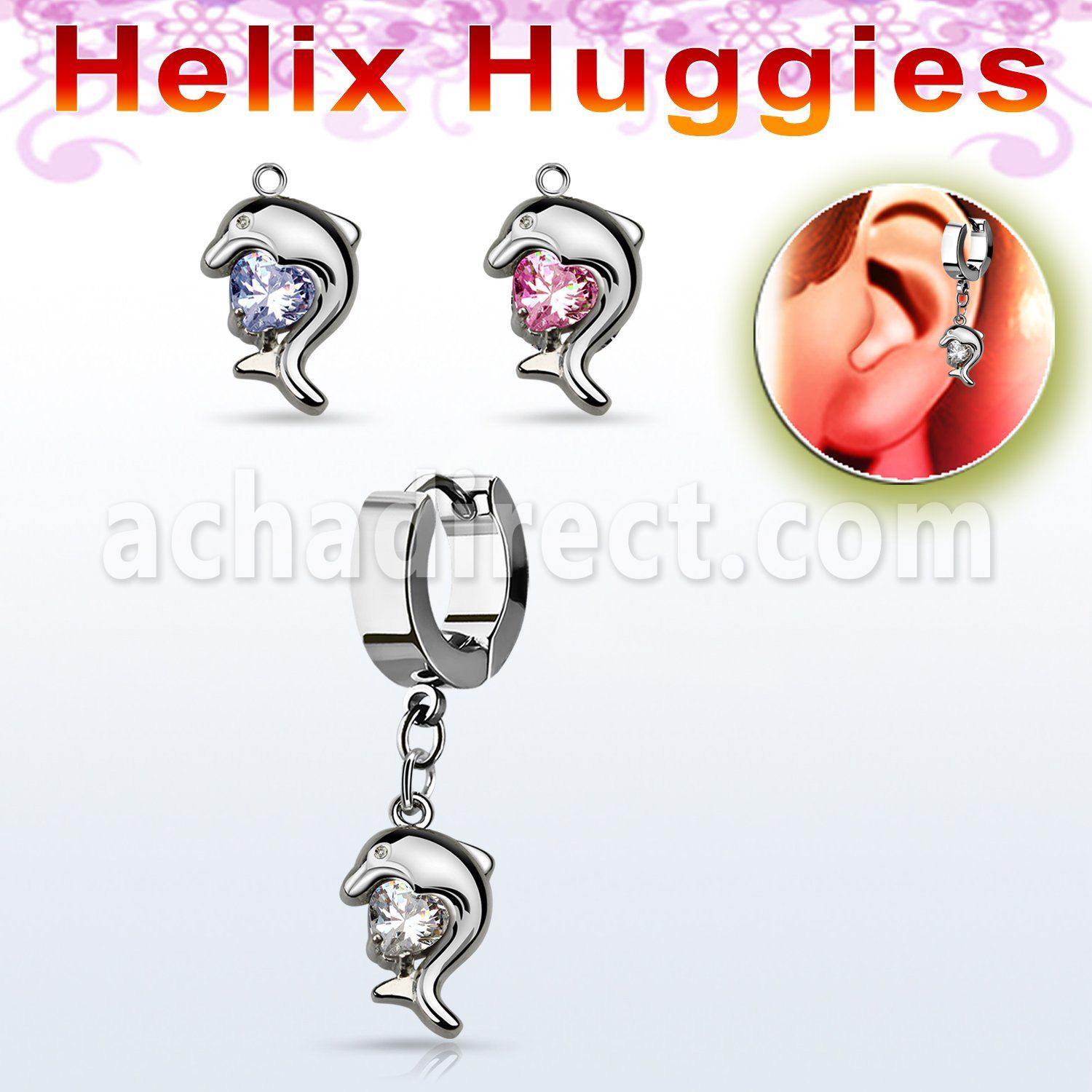 ehhz300 helix huggie w a dangling dolphin design with cz