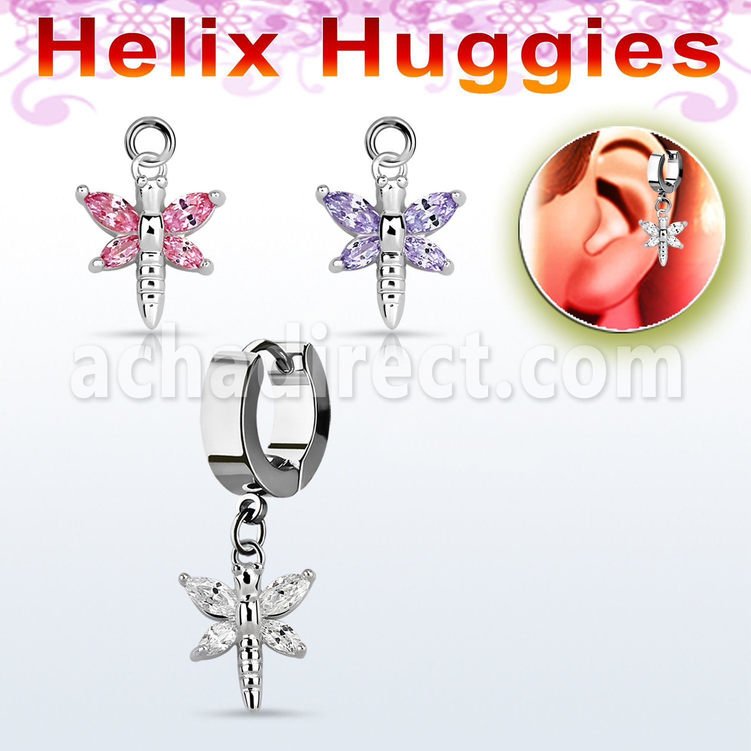 ehhz349 helix huggie w a dangling dragonfly design with cz wings