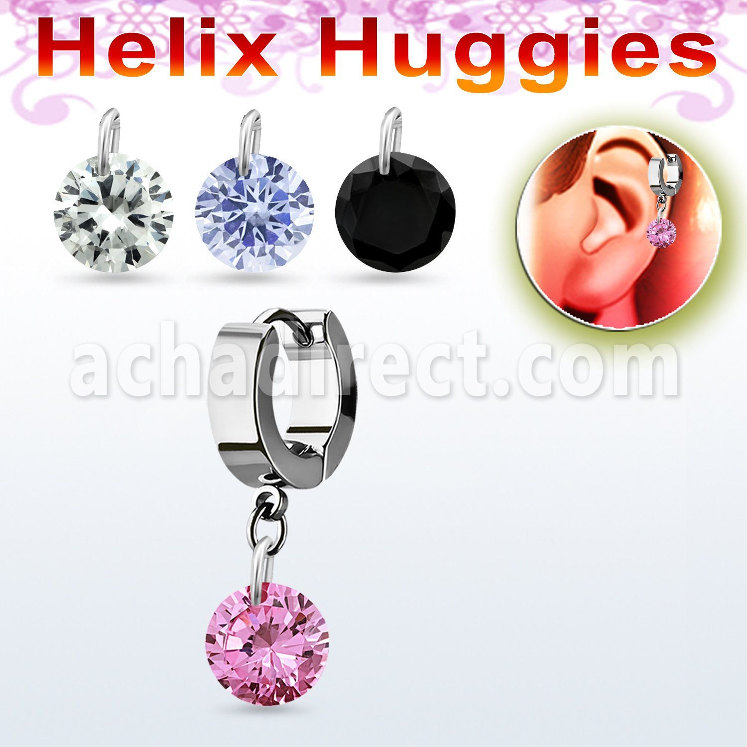 ehhz407 helix huggie w a dangling 8mm round cz stone