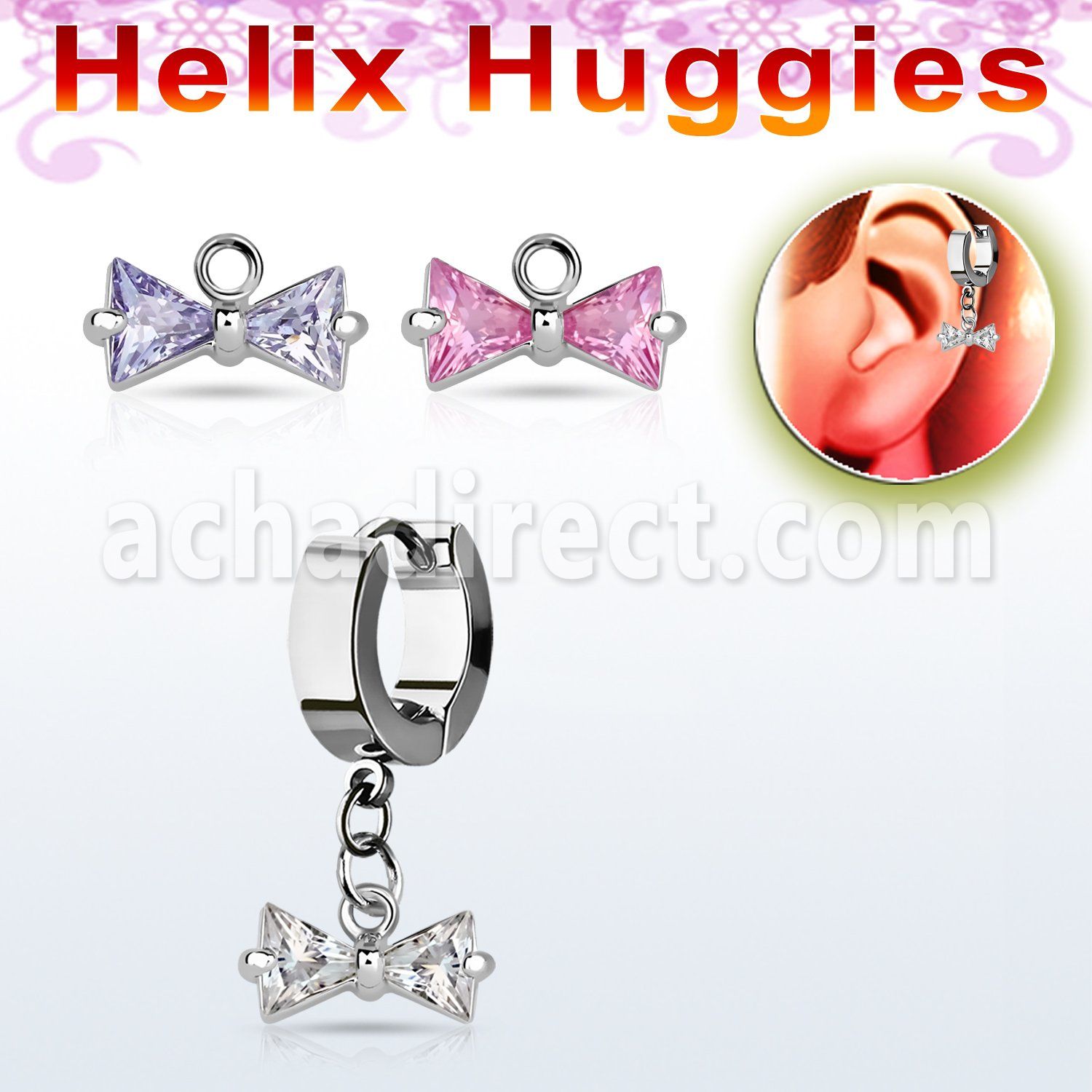ehhz408 helix huggie w a dangling prong set cz bow