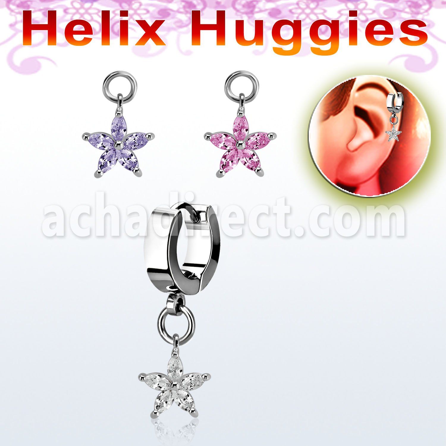 ehhz413 steel helix huggie w a dangling flower w prongset czs