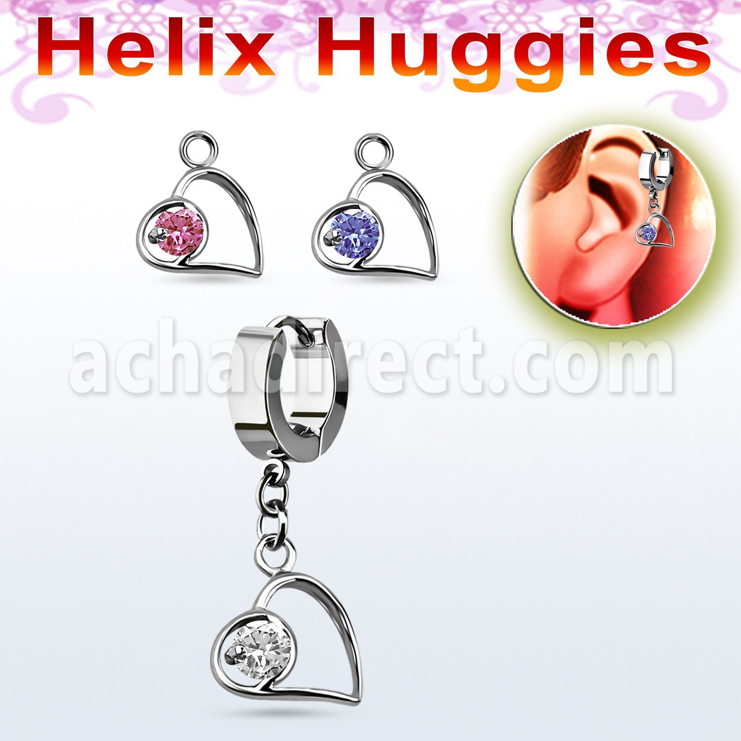 ehhz66 helix huggie w a dangling lying heart shape w round cz
