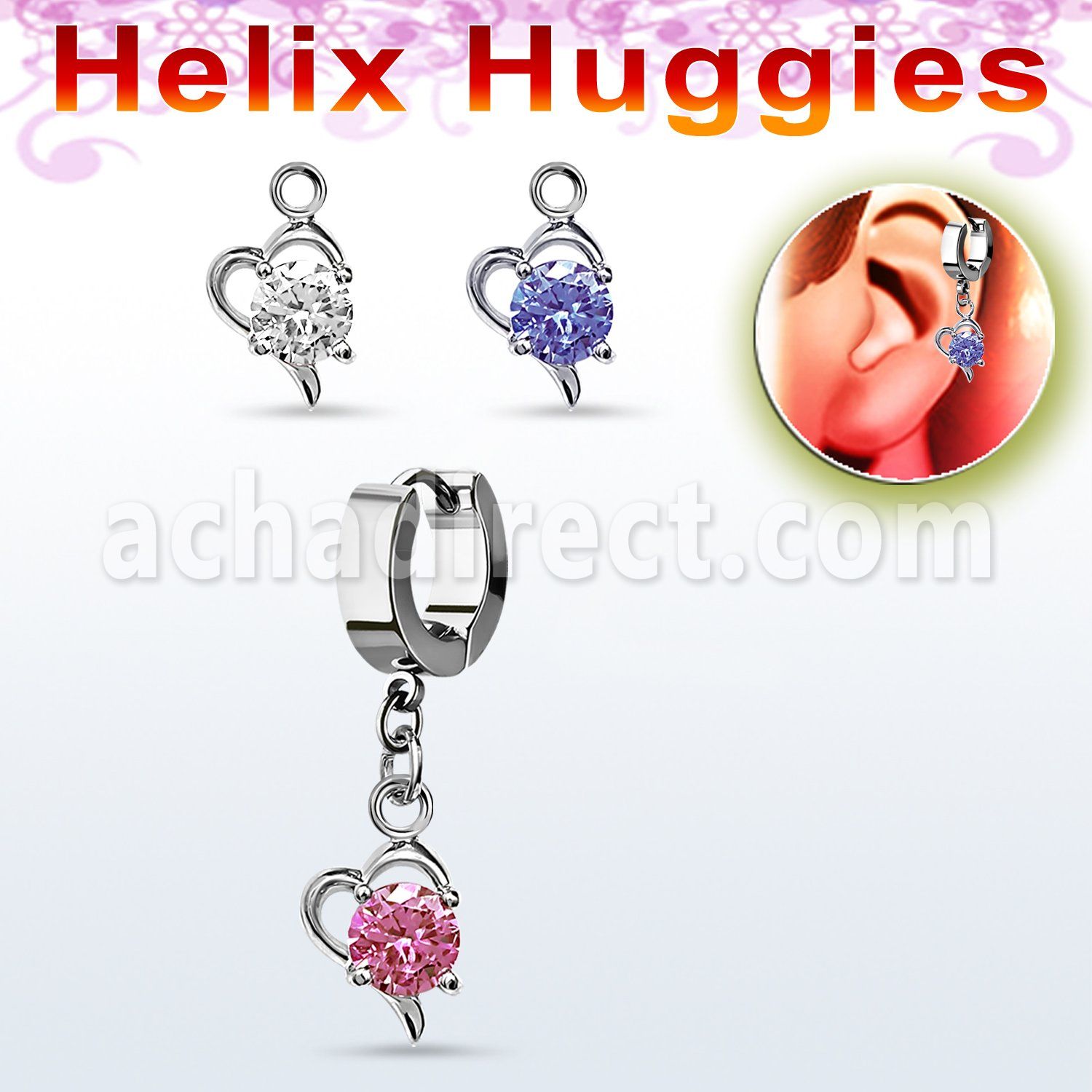 ehhz9 helix huggie w a dangling heart w a big central round cz