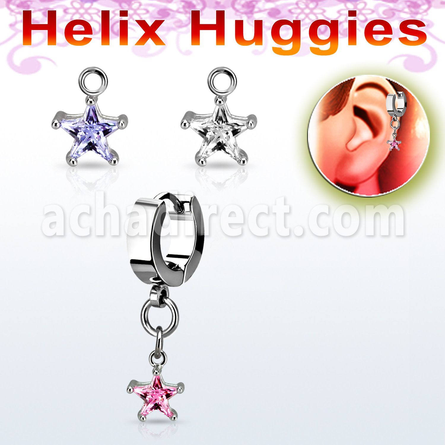 ehhzs6 steel helix huggie w a dangling w dangling 6mm star cz 