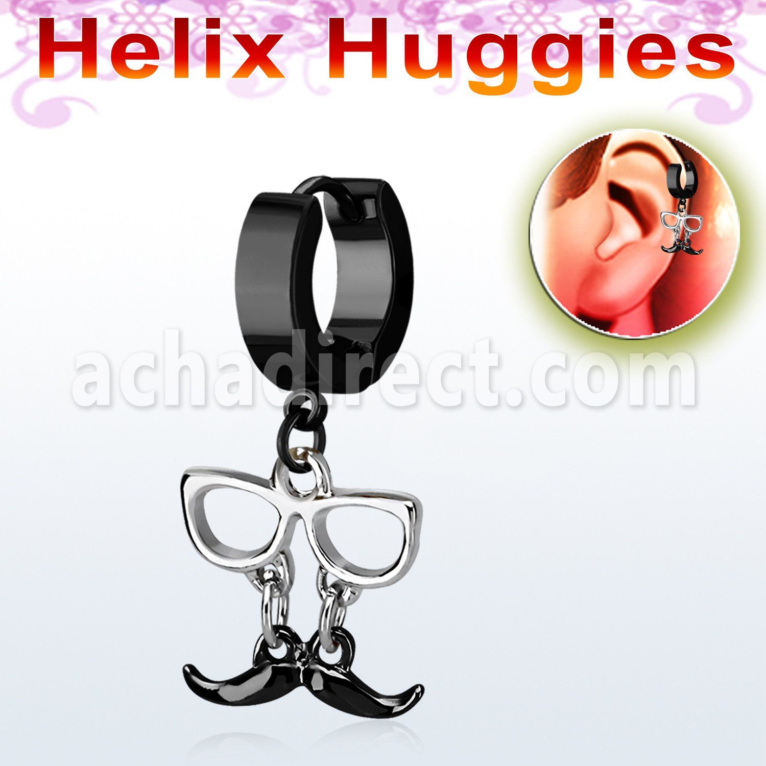ehk507 black steel helix huggie w dangling black mustache