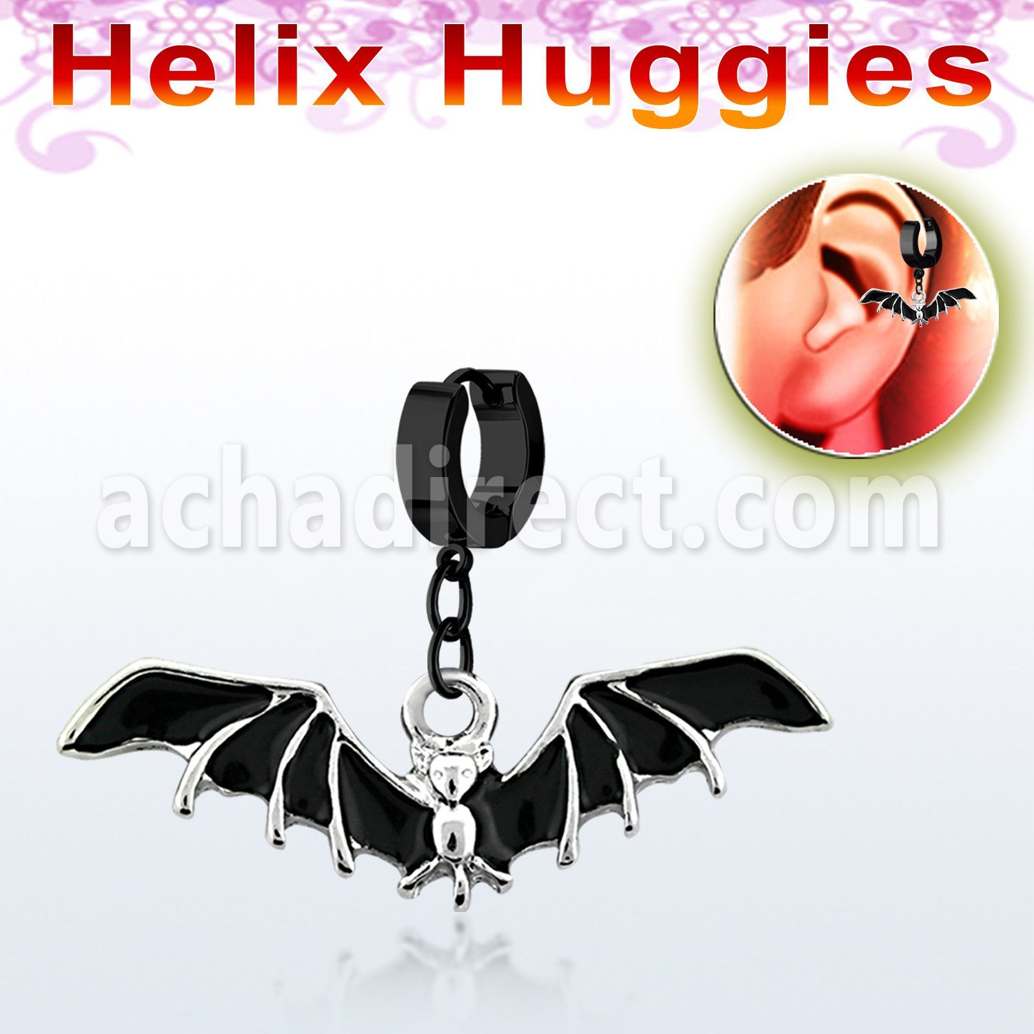 ehk569 black steel helix huggie w dangling black bat