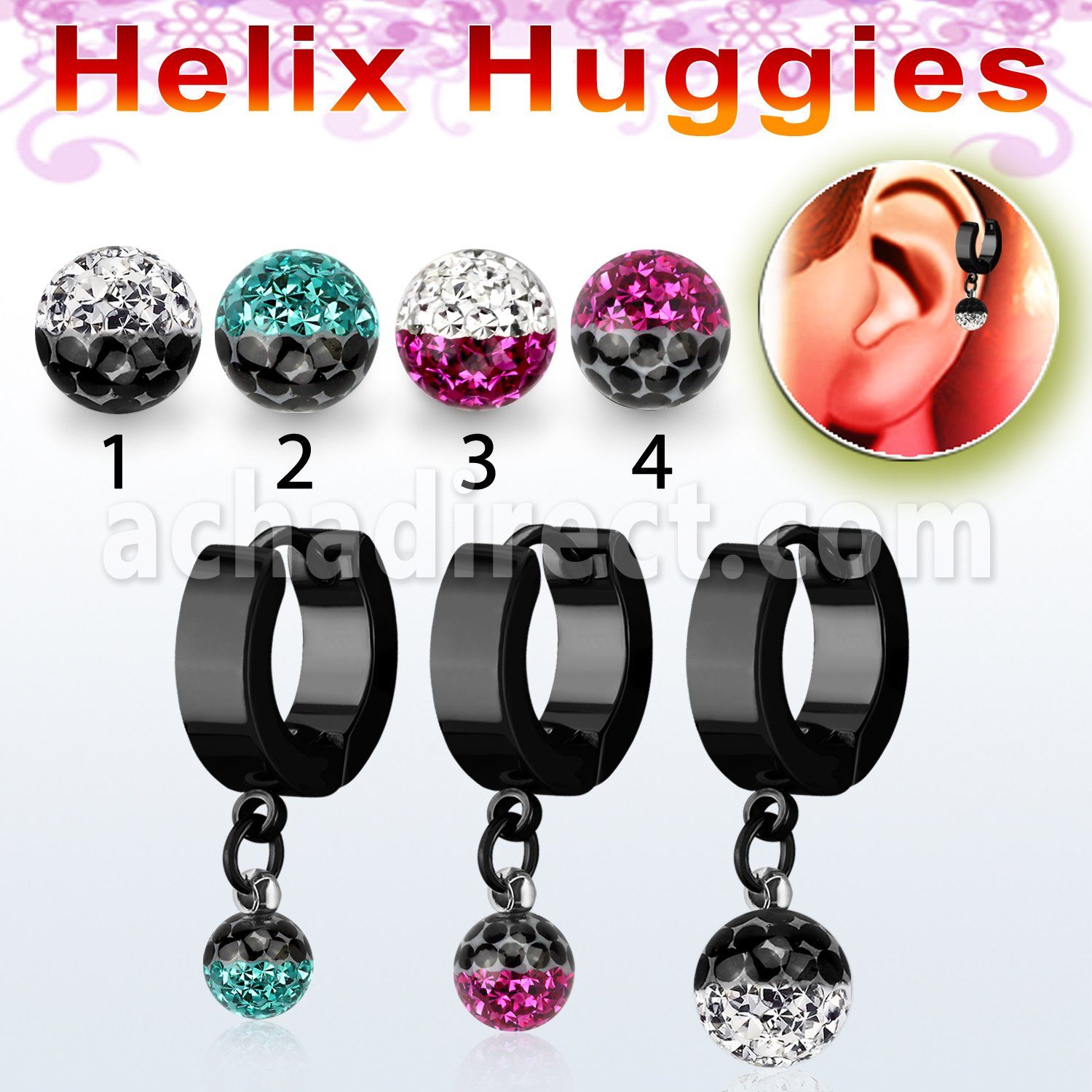 ehkfre black steel helix huggie w two color multi crystal ball