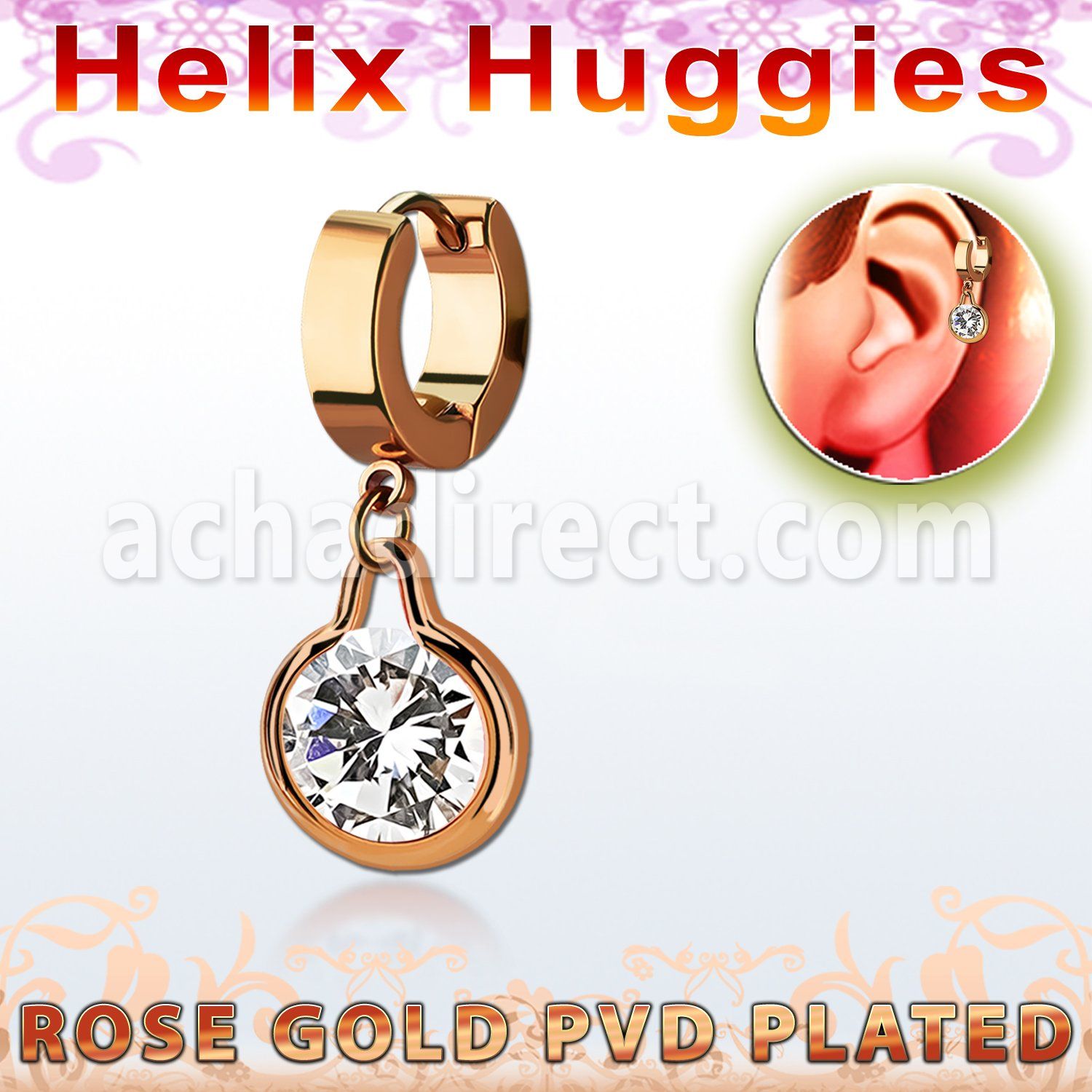 ehrz417 rose gold steel helix huggie earring w dangling w cz