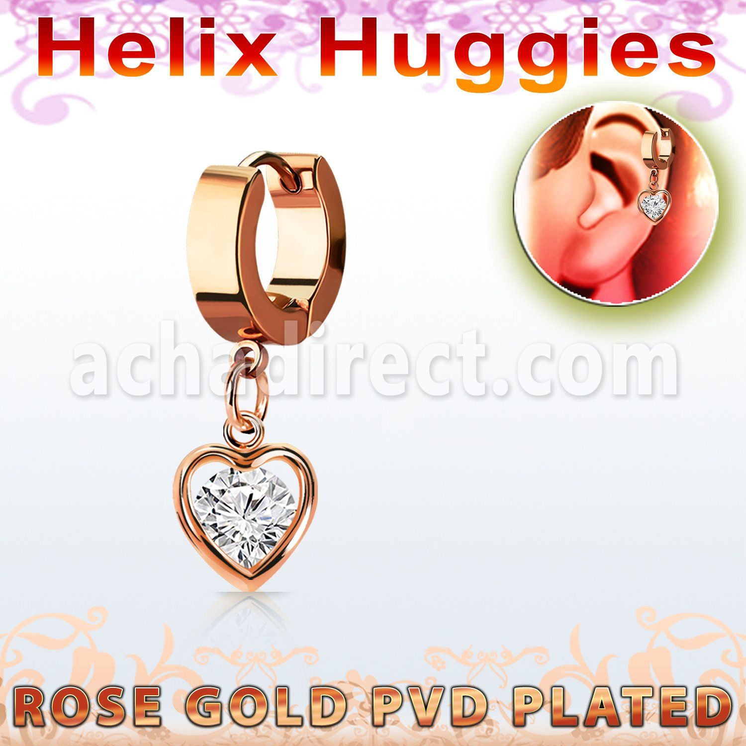 ehrz419 rose gold steel helix huggie w dangling heart w round cz