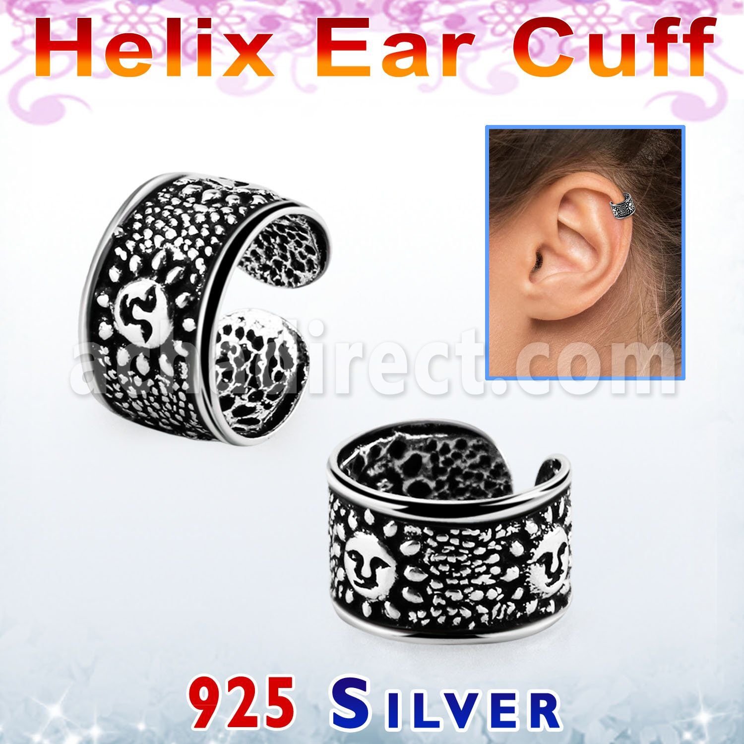 ehvcf10 sterling silver helix ear cuff with vintage sun design