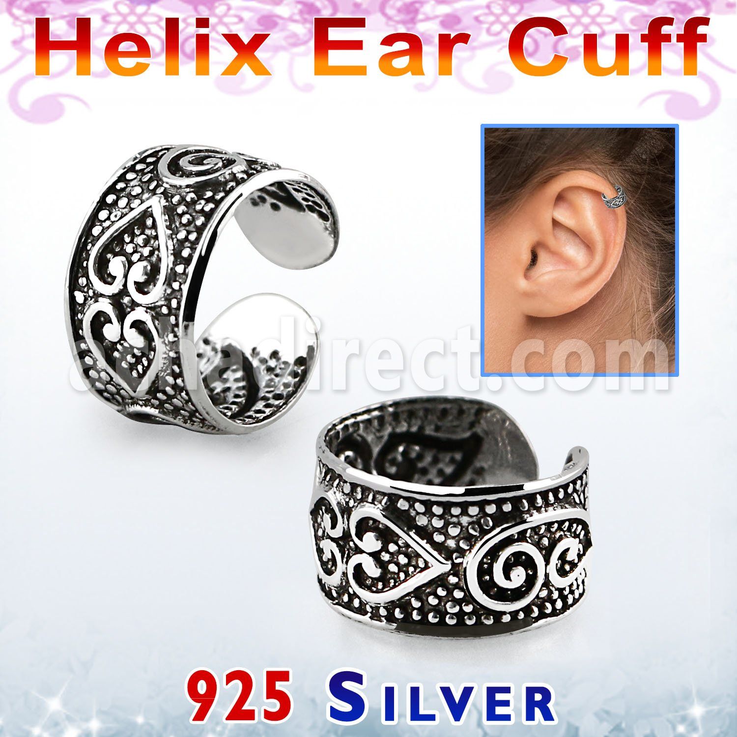 ehvcf24 sterling silver helix ear cuff with tribal hearts design