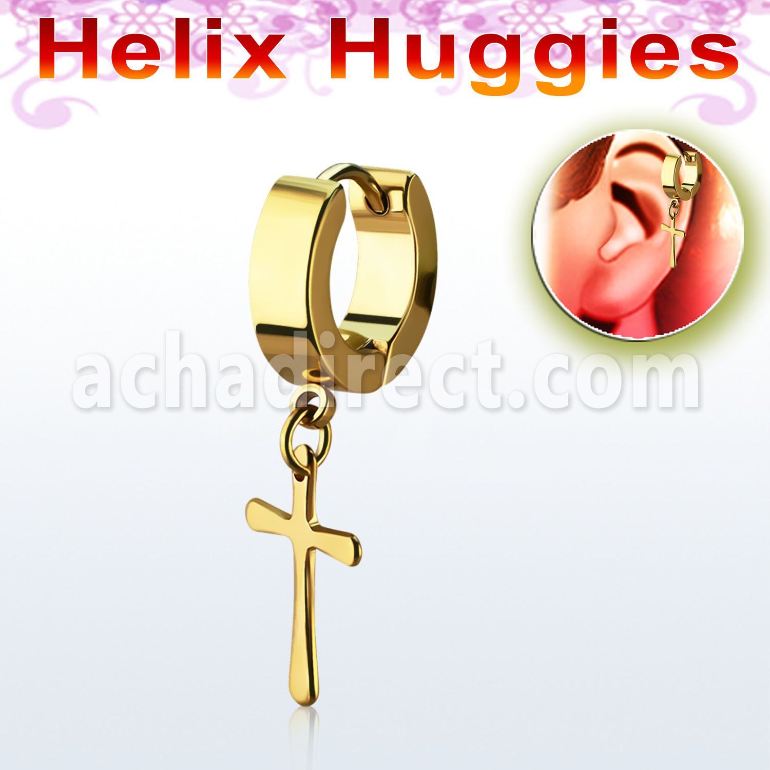 er268cg gold plated steel huggie earring with cross dangling