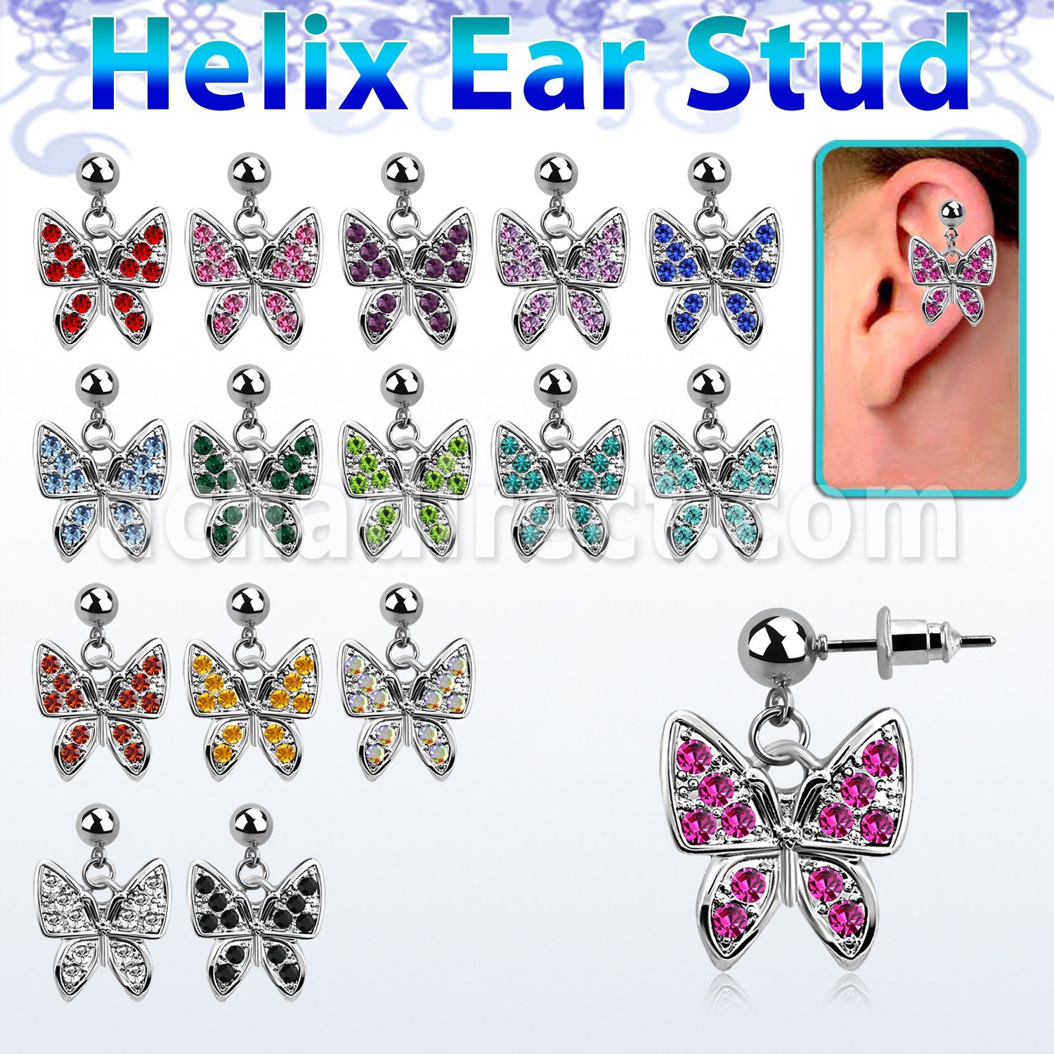 erbd3 316l steel helix ear stud ball with crystal butterfly