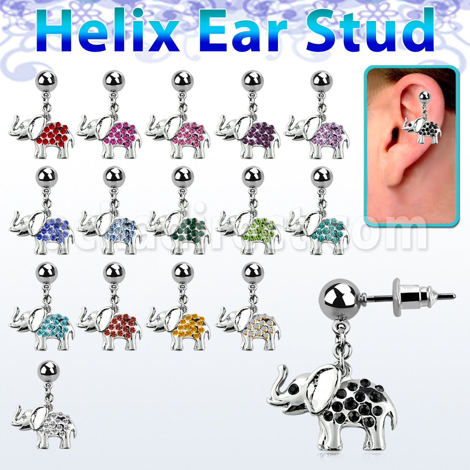 erbd467 316l steel ear stud ball with crystal elephant