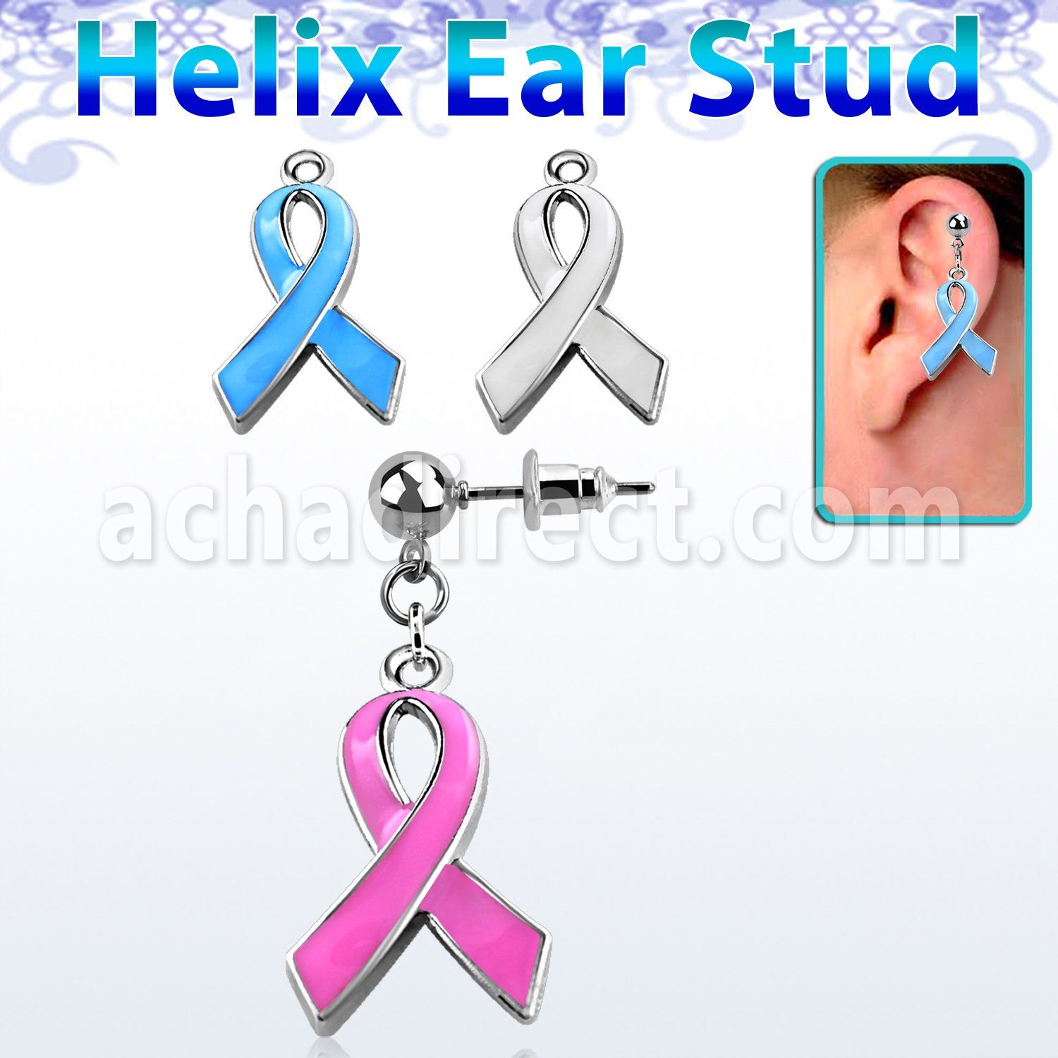 erbd501 316l steel helix ear stud ball w enamel painted ribbon