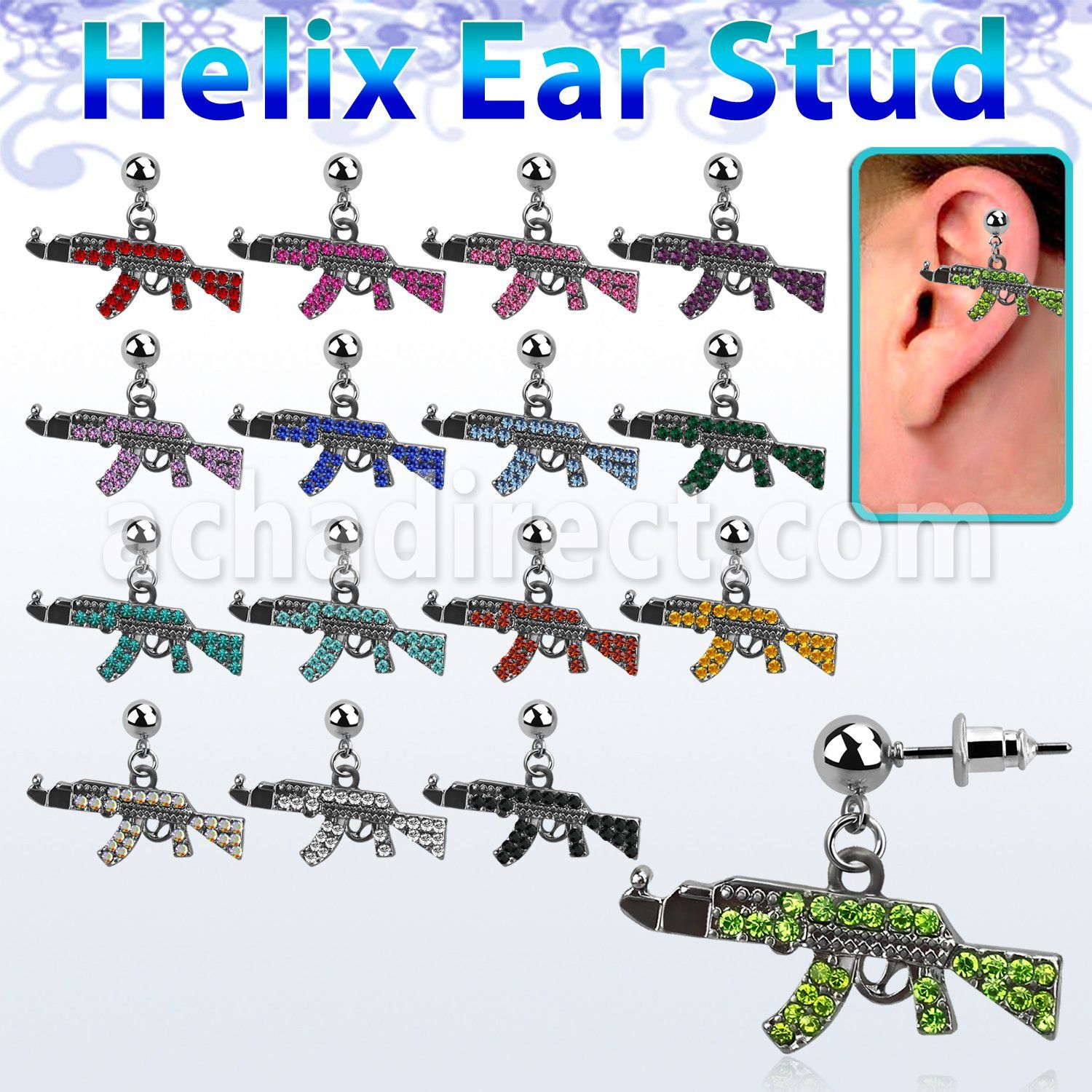 erbd631 316l steel helix ear ball stud w black miniature dangle