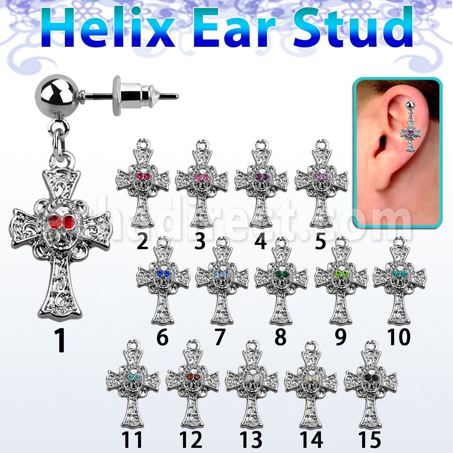 erbd694 steel helix ear stud w dangling cross w skull design