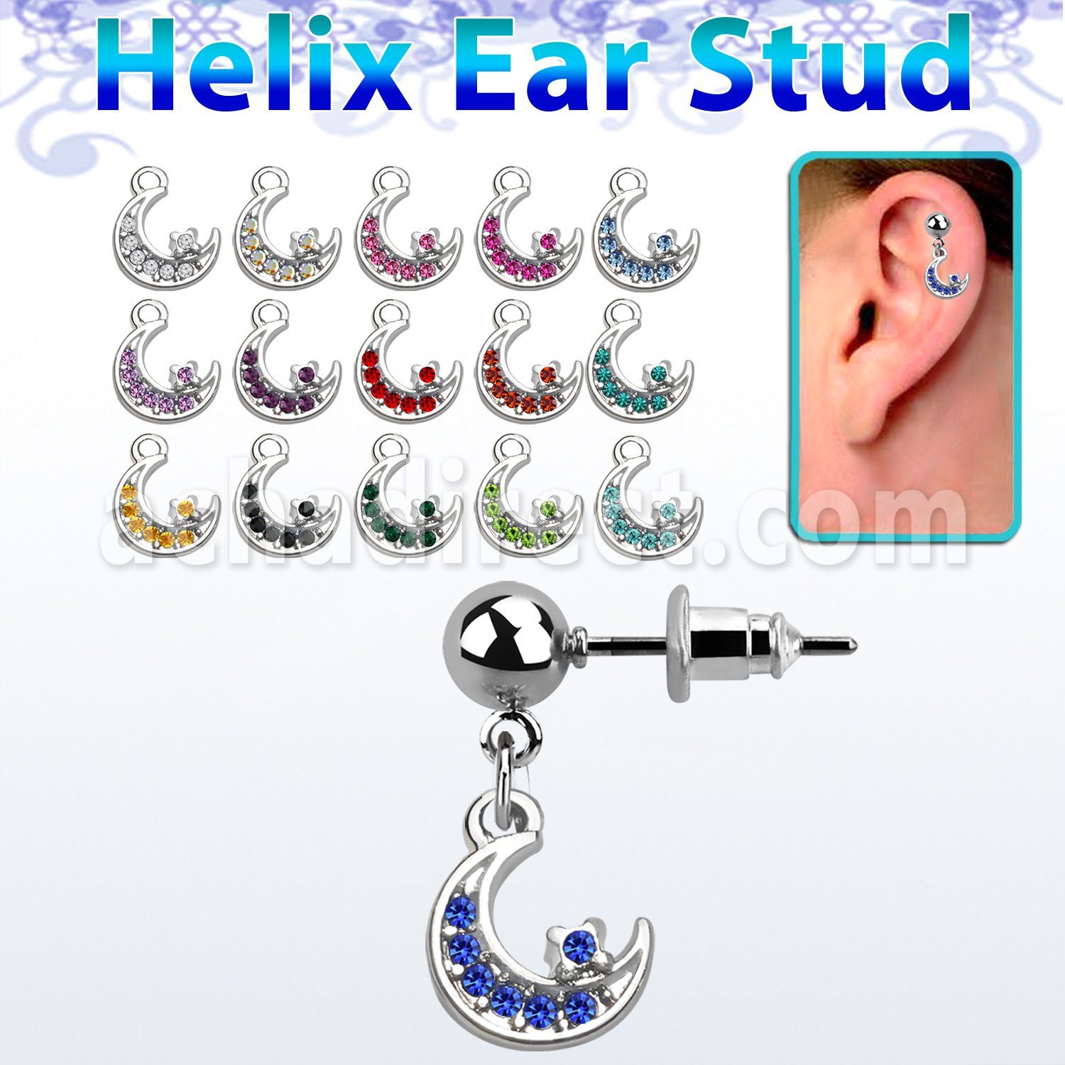 erbd734 316l steel helix ear stud w a dangling moon w crystals