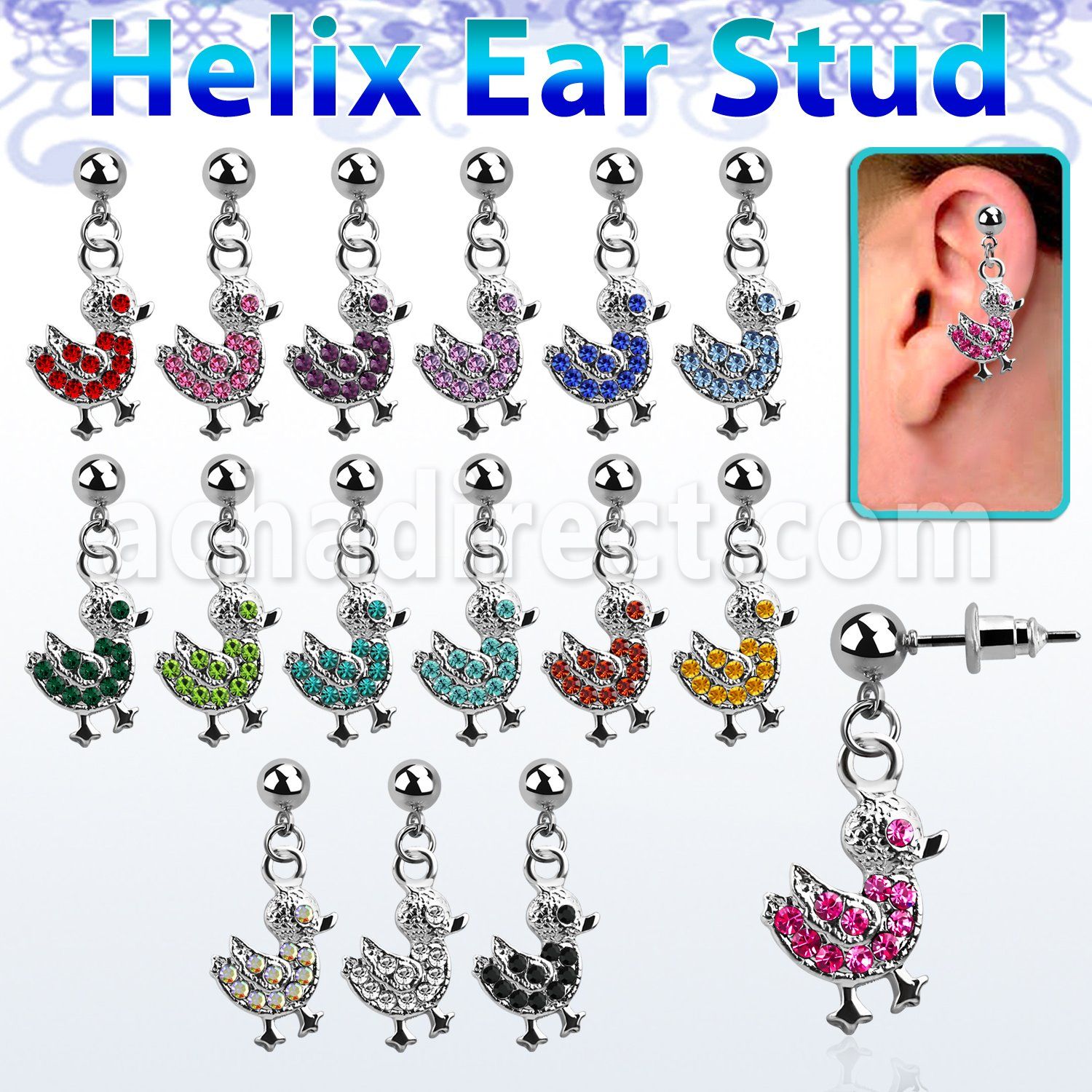 erbd9 316l steel helix ear stud ball with crystal studded duck