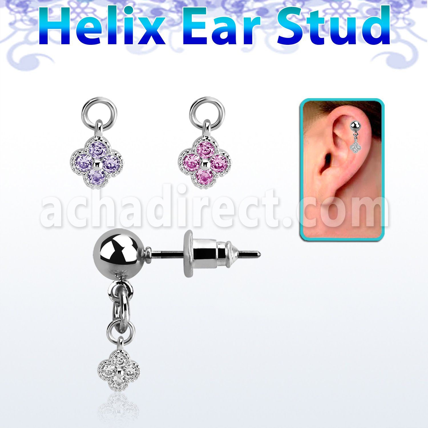 erbdz411 ball shaped steel helix ear stud w small flower w czs