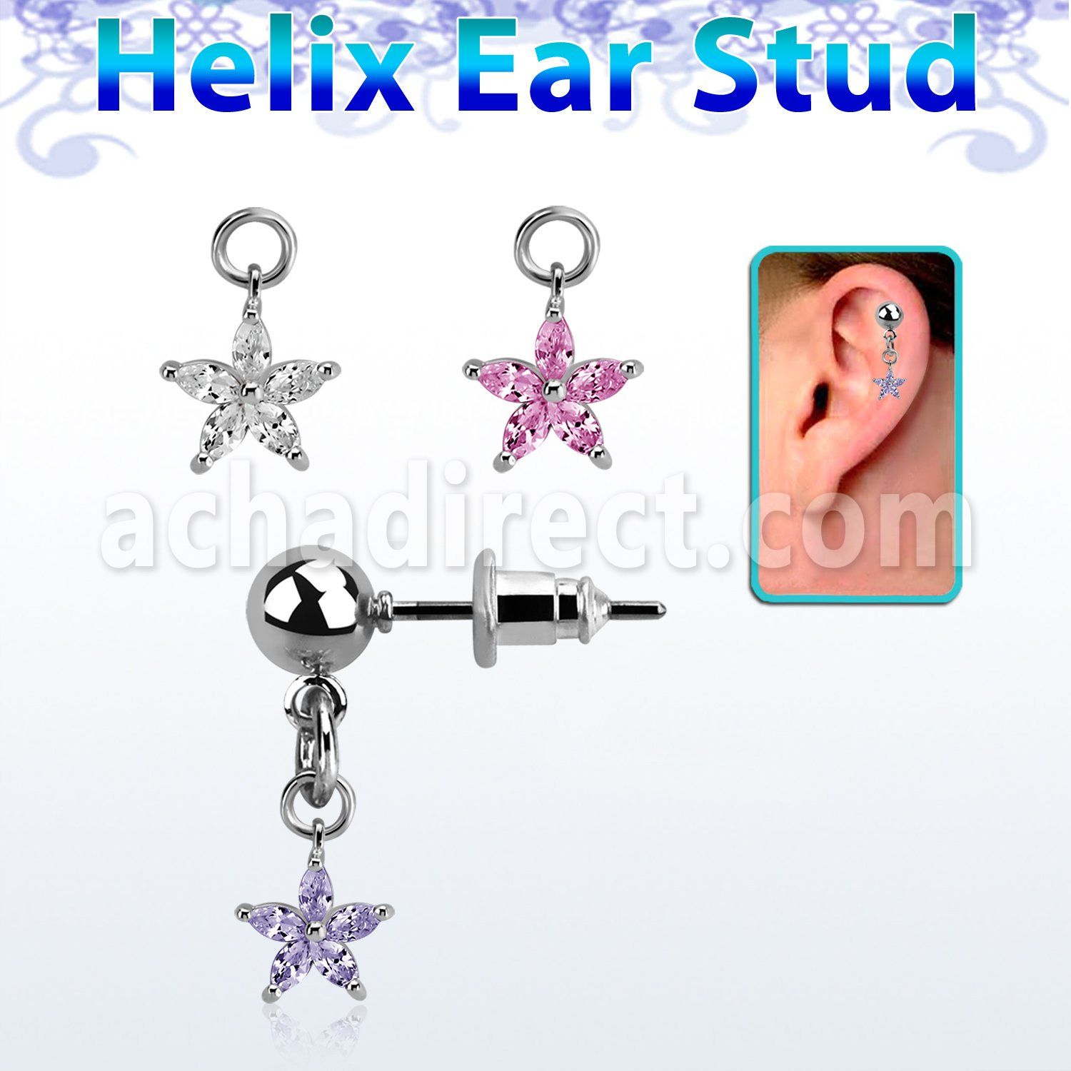 erbdz413 ball shaped steel helix ear stud w dangling cz flower