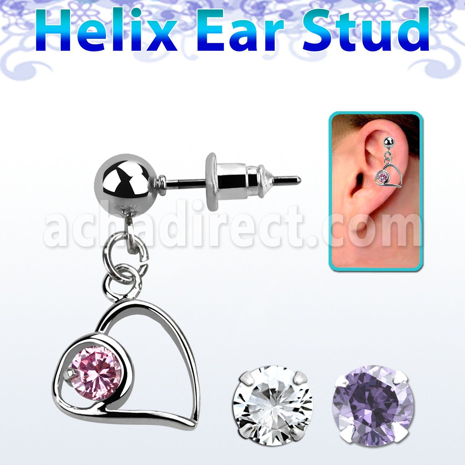 erbz66 316l steel helix ear stud ball with horizontal heart