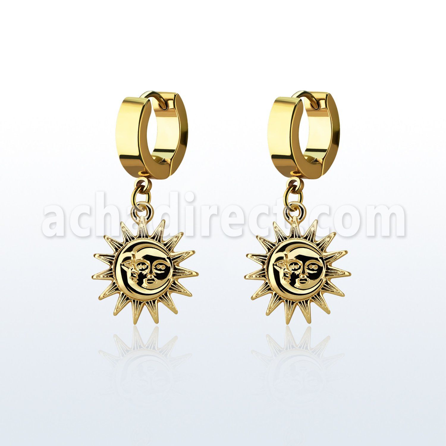 erg726 gold steel huggies earrings w a sun dangling